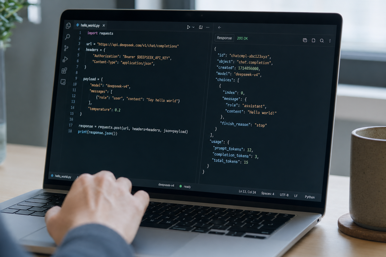 Modern code editor showing a first DeepSeek V4 API call and the JSON response side by side.
