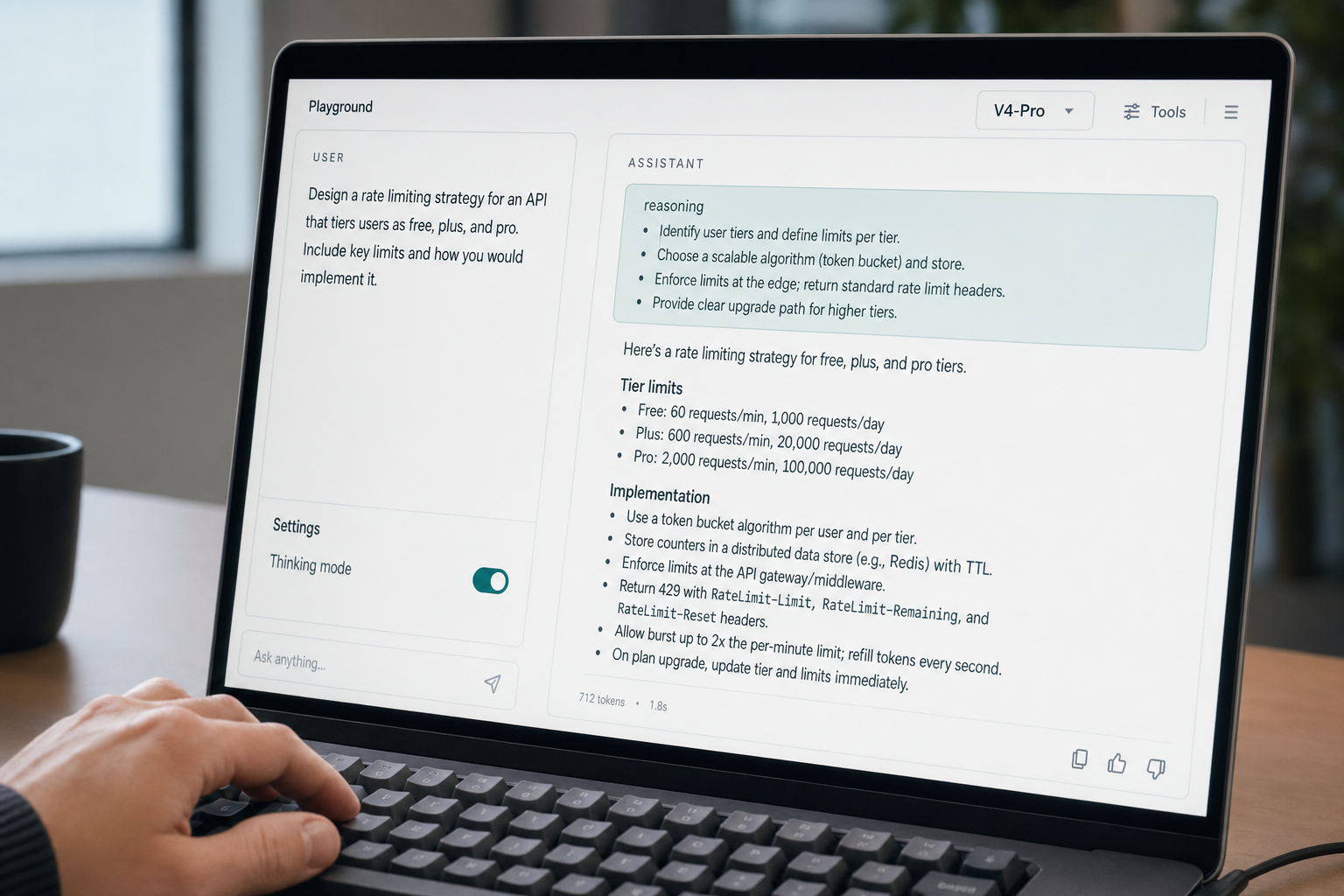 Playground UI showing DeepSeek V4-Pro thinking mode enabled with a reasoning trace and a final answer block.