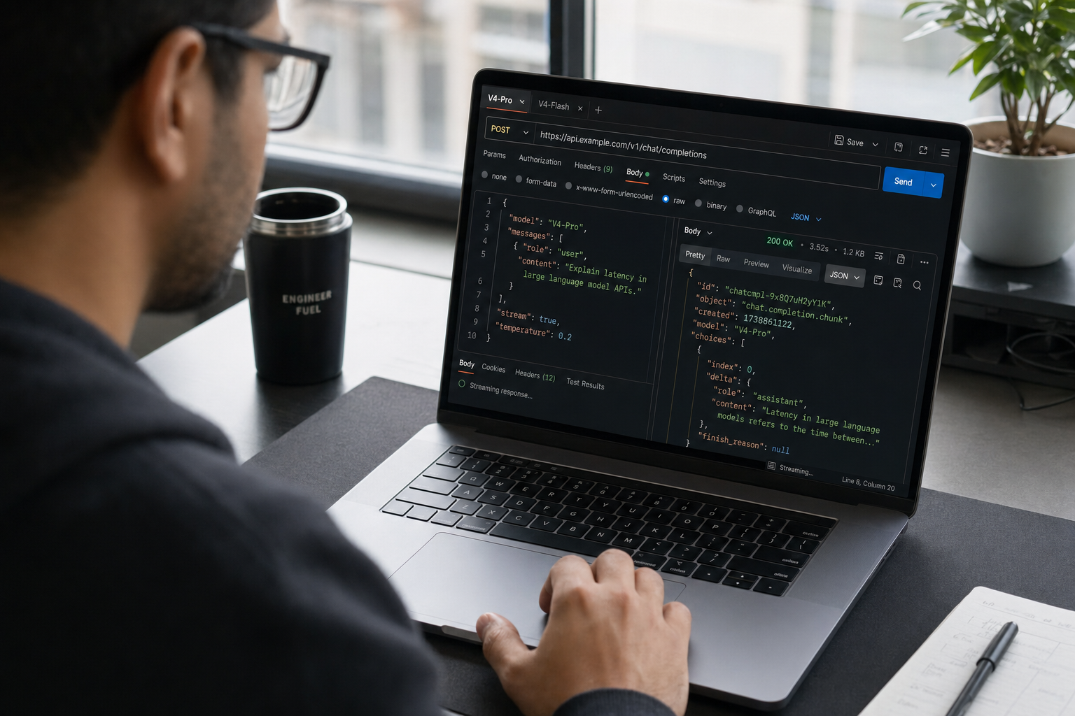 Backend engineer testing the DeepSeek API in a Postman-like client comparing V4-Flash and V4-Pro endpoints