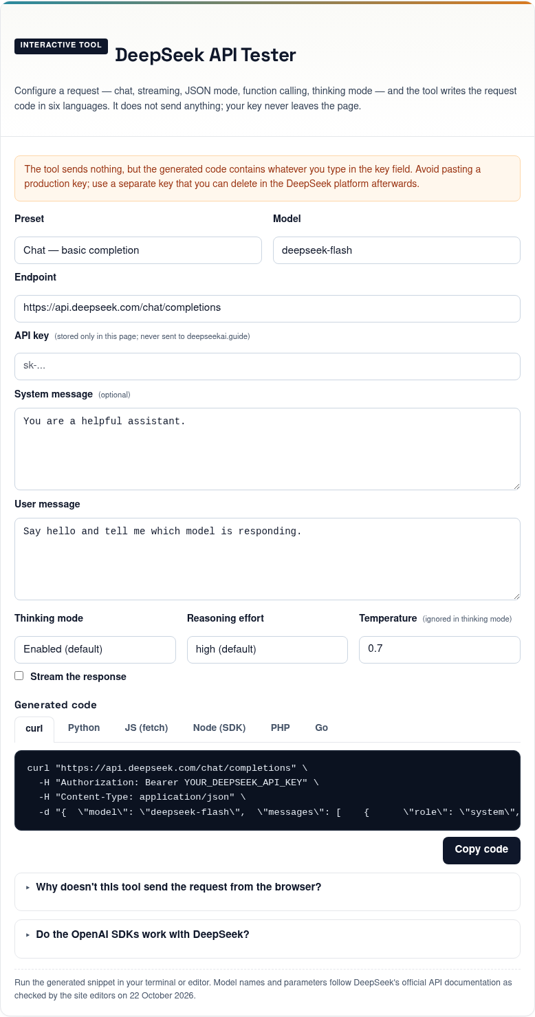 DeepSeek API tester — screenshot, 22 October 2026 Screenshot of the deepseekai.guide API tester, captured 22 October 2026, generating a curl request for deepseek-flash with thinking enabled.