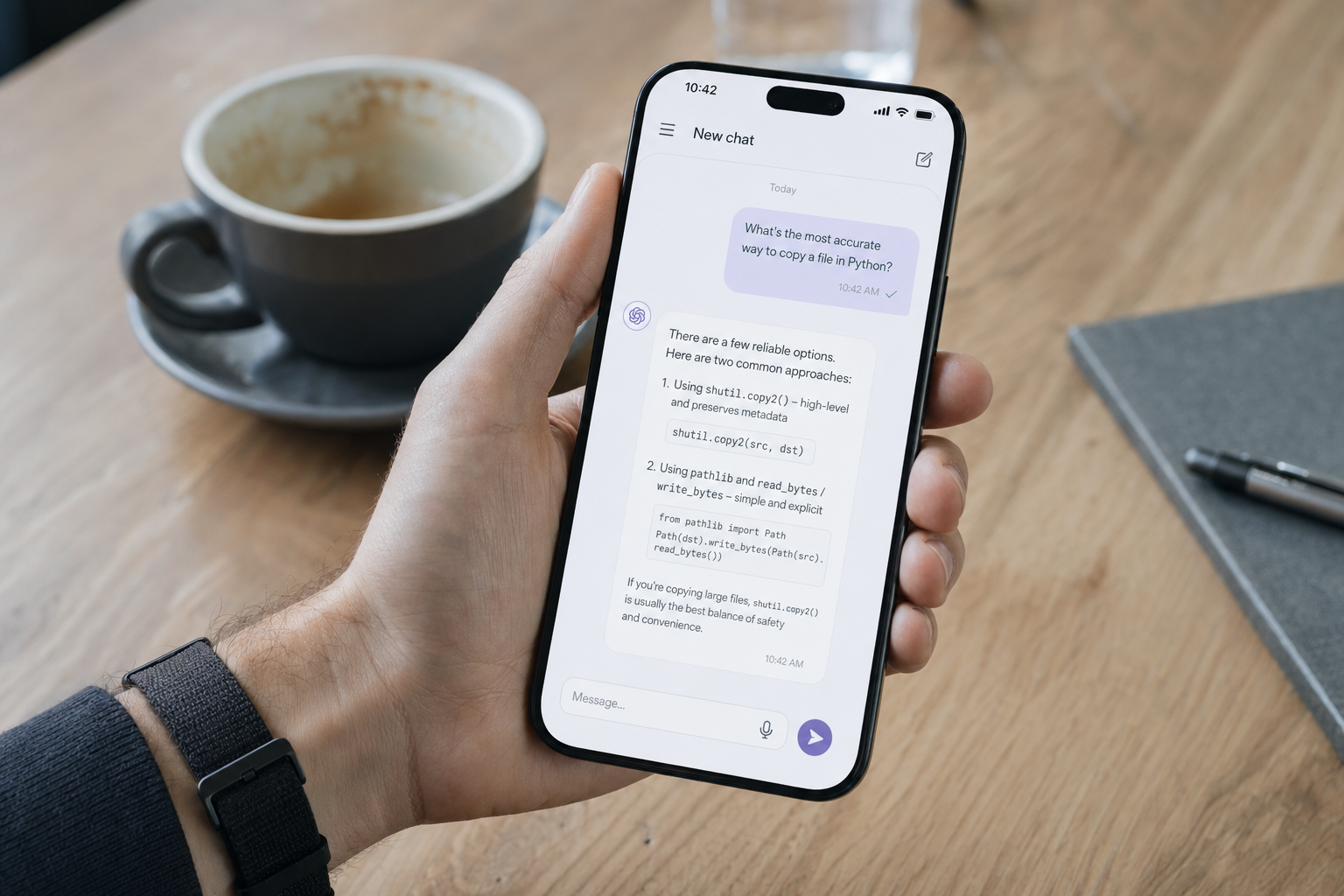 DeepSeek app review — phone in hand Person using the DeepSeek consumer app on a smartphone in a café for a 2026 hands-on review