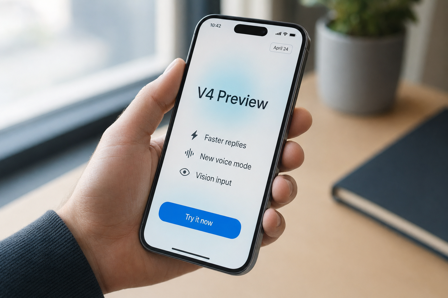 DeepSeek app review — V4 Preview launch screen Smartphone showing the DeepSeek consumer app's V4 Preview launch screen with three feature bullets