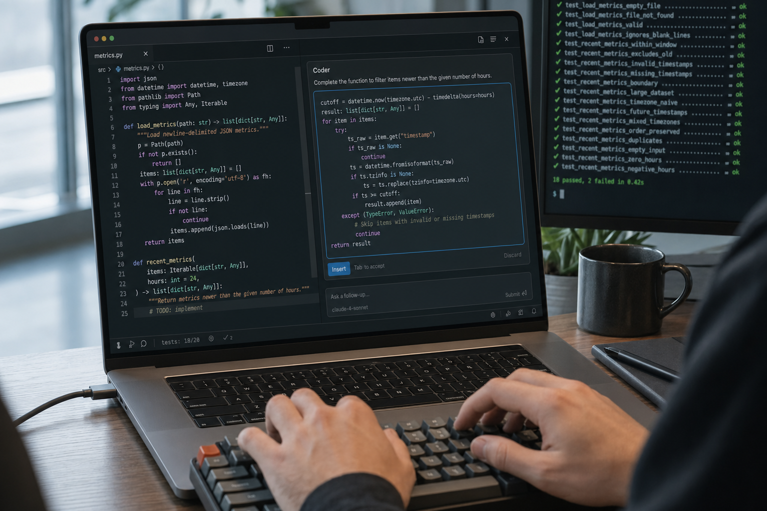 Developer pair-programming with the DeepSeek Coder assistant inside a modern IDE for a 2026 code review