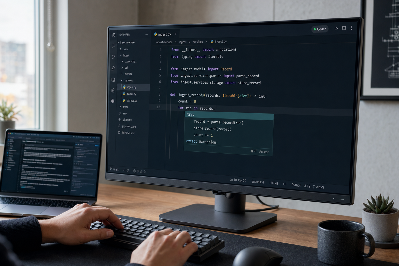 DeepSeek Coder — IDE completion in action Developer accepting a DeepSeek Coder inline code completion in a modern editor on an external monitor