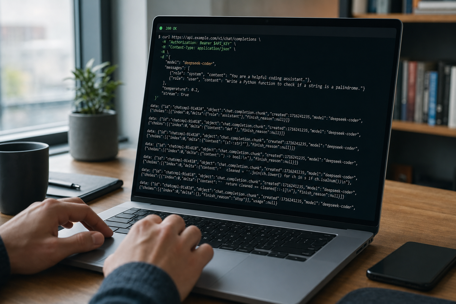 Terminal running a curl quickstart against the DeepSeek Coder chat-completions endpoint with streamed code tokens