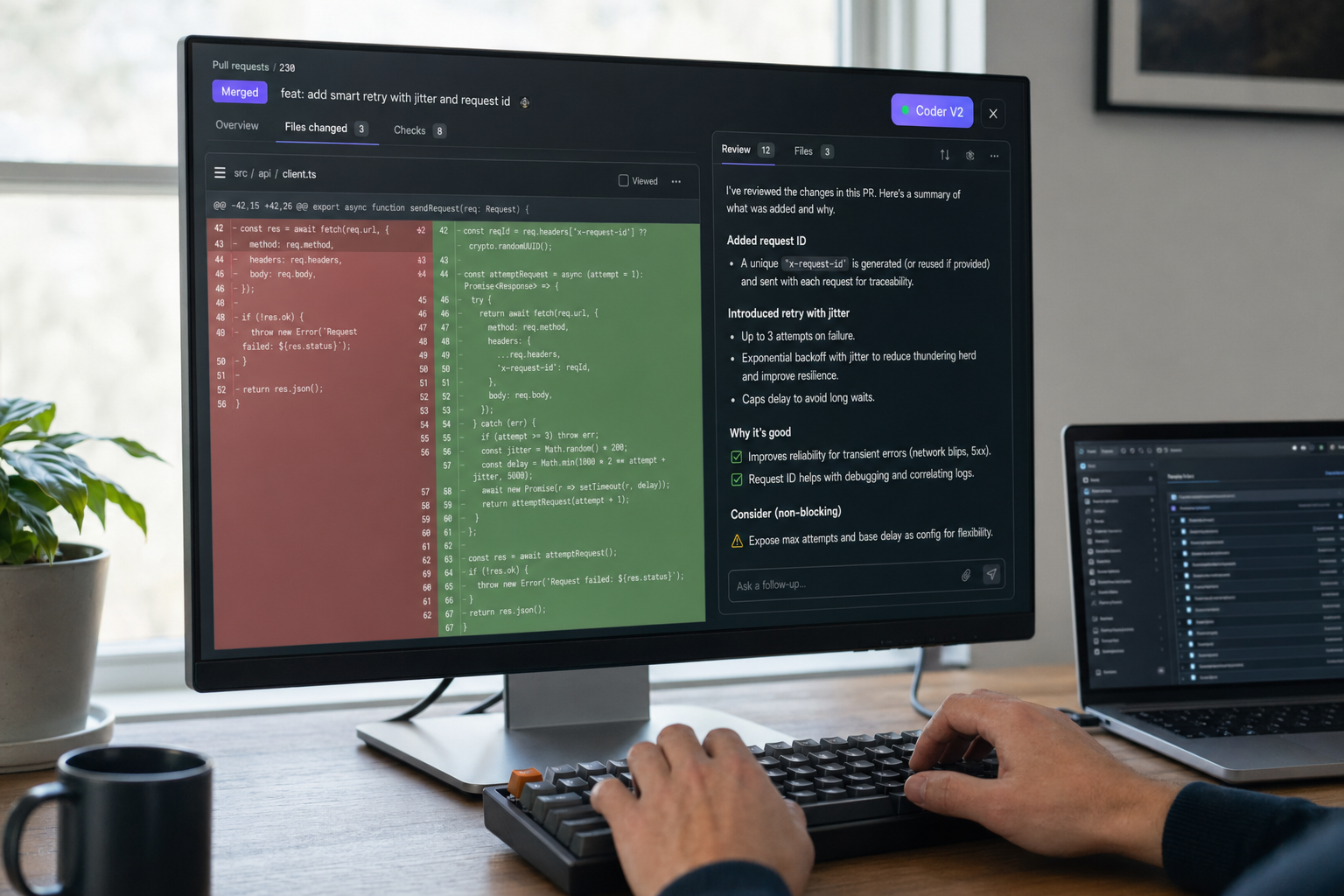 Developer using DeepSeek Coder V2 to review a pull-request diff on a modern external monitor