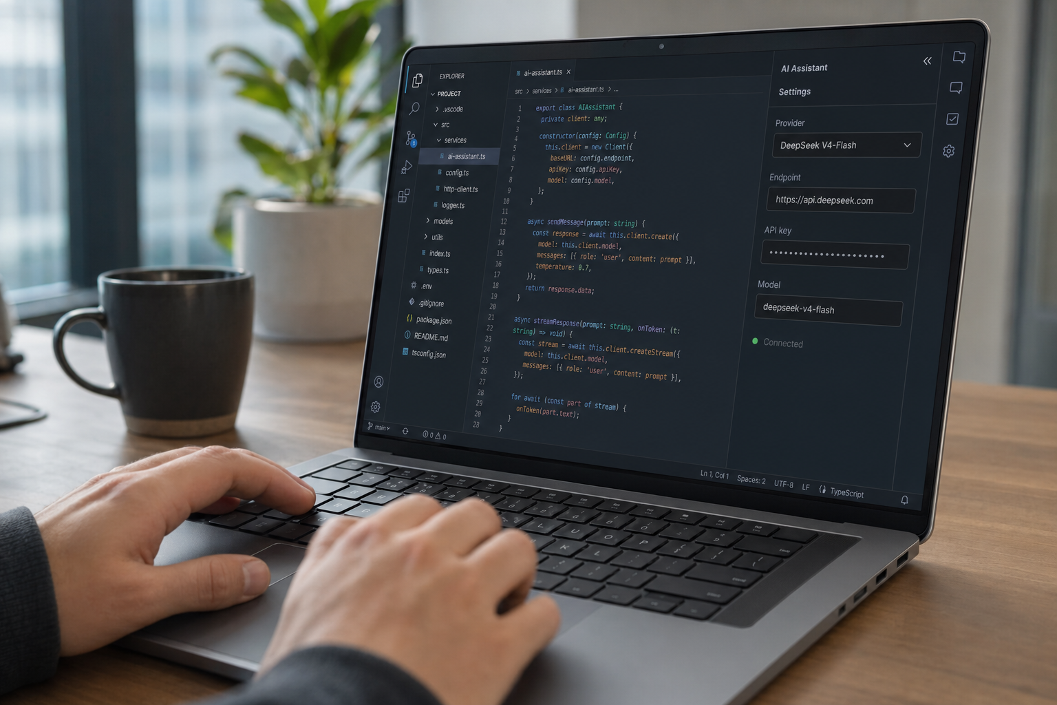 Laptop showing how to wire DeepSeek into a code editor as an AI provider in five minutes