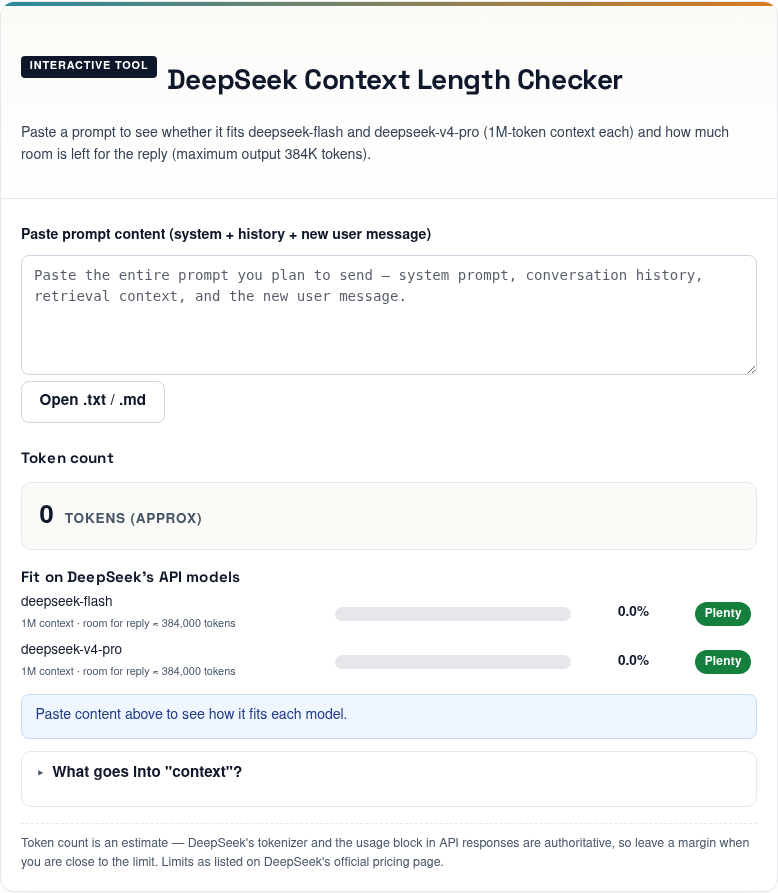 Screenshot of the deepseekai.guide context length checker, captured 22 October 2026, showing the empty input and the 1M-token context and 384K reply room of deepseek-flash and deepseek-v4-pro.