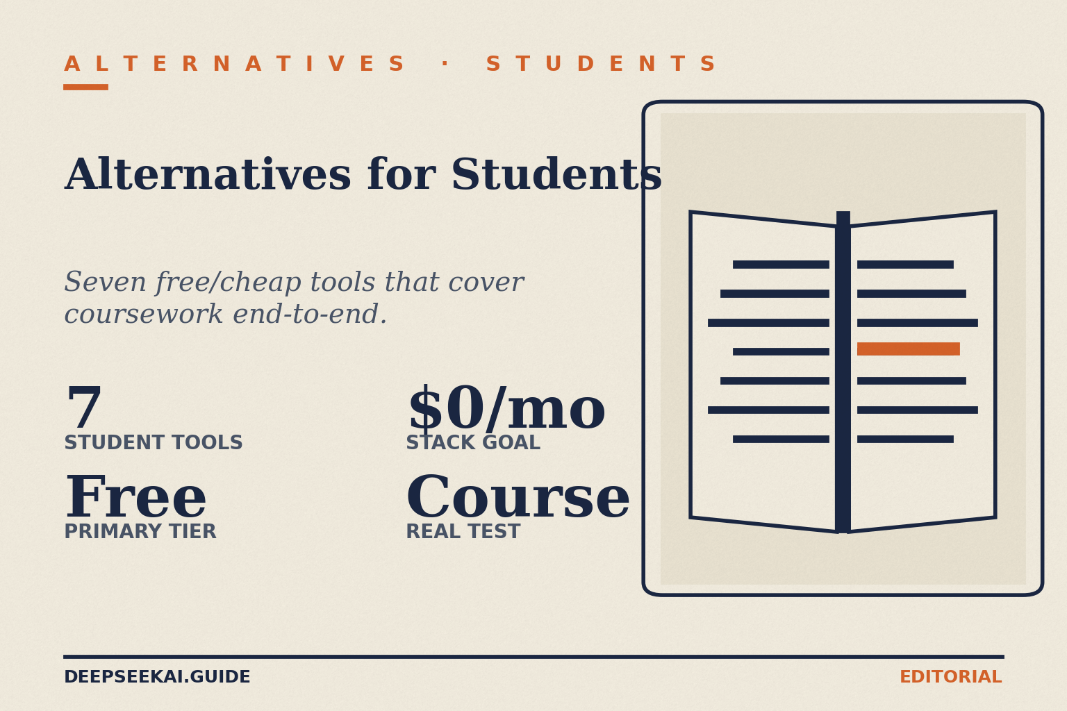 DeepSeek alternatives for students — free-tier shortlist card DeepSeek alternatives for students card showing the four facts about the April 2026 student-tier shortlist: seven tools tested against real coursework, free tiers as the primary axis, a zero-dollar-per-month stack as the goal, and actual course tasks (problem sets, 4,000-word essays, citations) as the test.