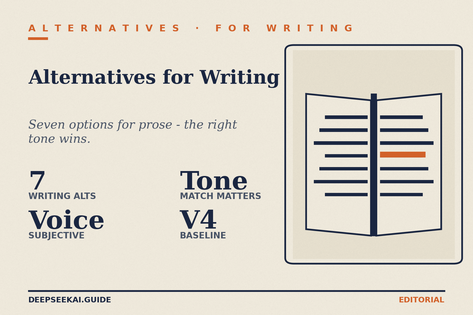 DeepSeek alternatives for writing card showing the four facts about the April 2026 writing shortlist: seven options compared (Claude Sonnet 4.5, GPT-5.4, Gemini 3.1 Pro, Mistral Large, Llama 3.3, Kimi K2, DeepSeek V4), prose voice and tone treated as subjective rather than benchmarked, tone match as the deciding factor for a publishing pipeline, and DeepSeek V4 as the baseline.