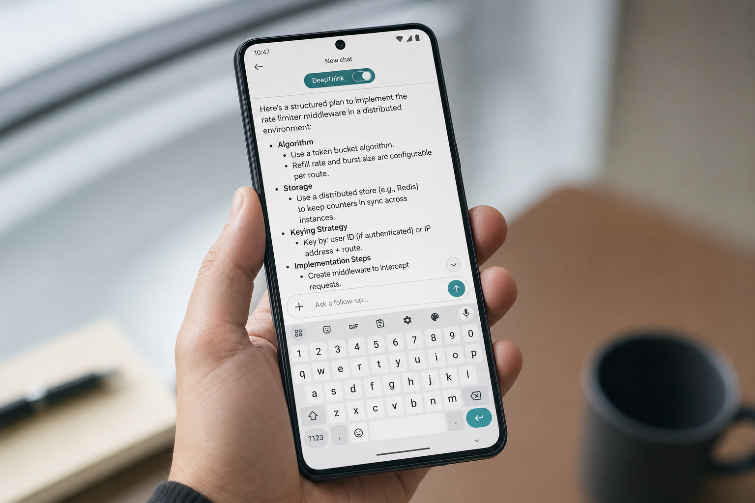 DeepSeek on Android — DeepThink toggle Android phone showing the DeepThink reasoning toggle highlighted in the DeepSeek mobile app