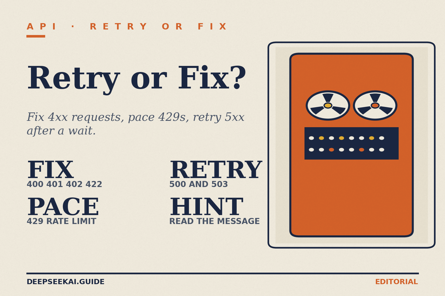 DeepSeek API error codes — retry-or-fix card Title card: eyebrow 'API · Retry or fix', title 'Retry or Fix?', tagline 'Fix 4xx requests, pace 429s, retry 5xx after a wait.', and four stats: Fix for 400, 401, 402 and 422; Pace for 429 rate limit; Retry for 500 and 503; and Hint, read the message, beside a mainframe illustration.
