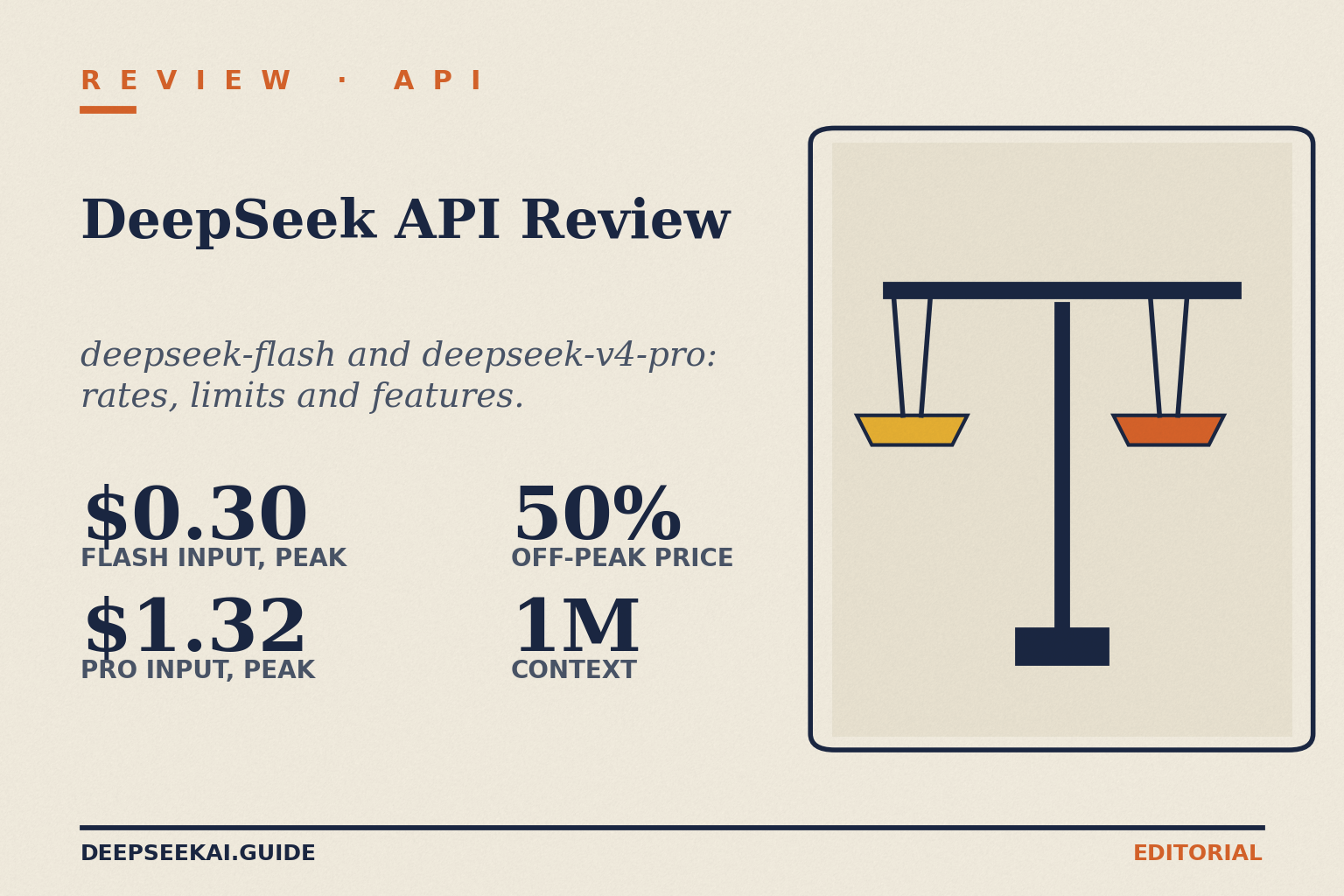 Title card for the DeepSeek API Review: cache-miss input at $0.30 (deepseek-flash) and $1.32 (deepseek-v4-pro) per 1M tokens at peak, off-peak at half price, 1M-token context.