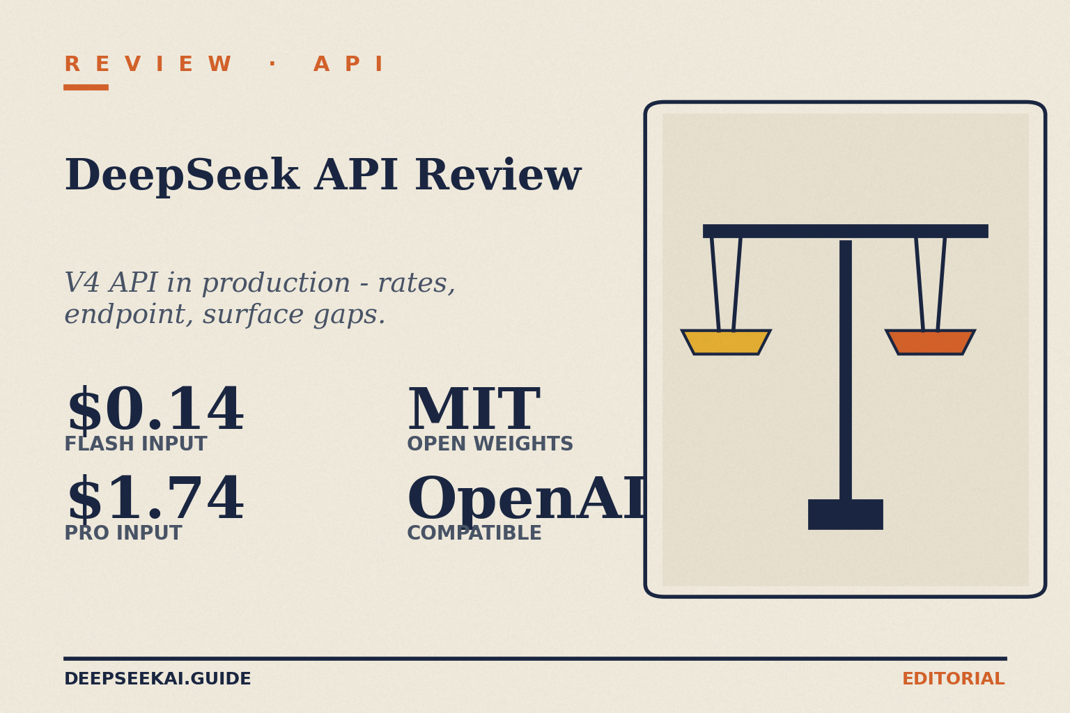 DeepSeek API review card showing the four facts from running the V4 API in production: V4-Flash at $0.14 input per million tokens (cache miss), V4-Pro at $0.435 (75% promo through 2026-05-31; list $1.74), both shipping under MIT for code and weights, and the wire format compatible with the OpenAI Chat Completions API plus the Anthropic Messages API.