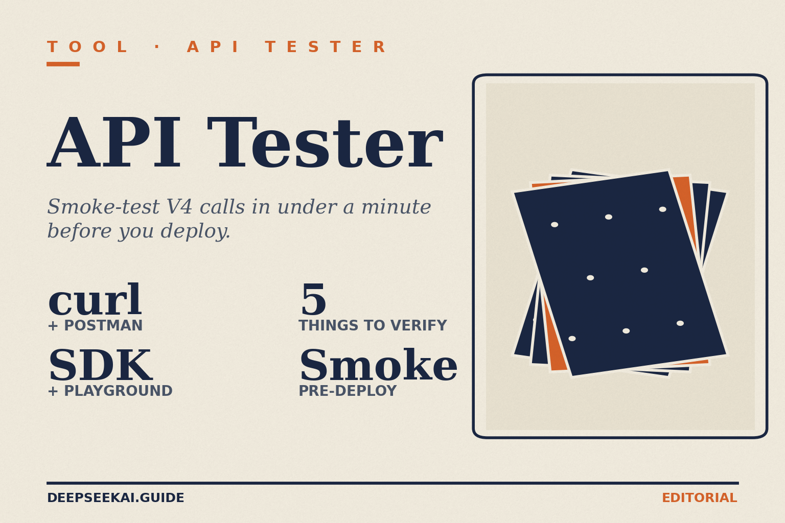 DeepSeek API-tester card showing the four facts about smoke-testing V4 before a deployment: use curl or Postman for the request shape, the OpenAI SDK or a web playground for the typed surface, verify five things at once (auth, model routing, thinking mode, JSON output, token accounting), and run it as the pre-deploy smoke test.
