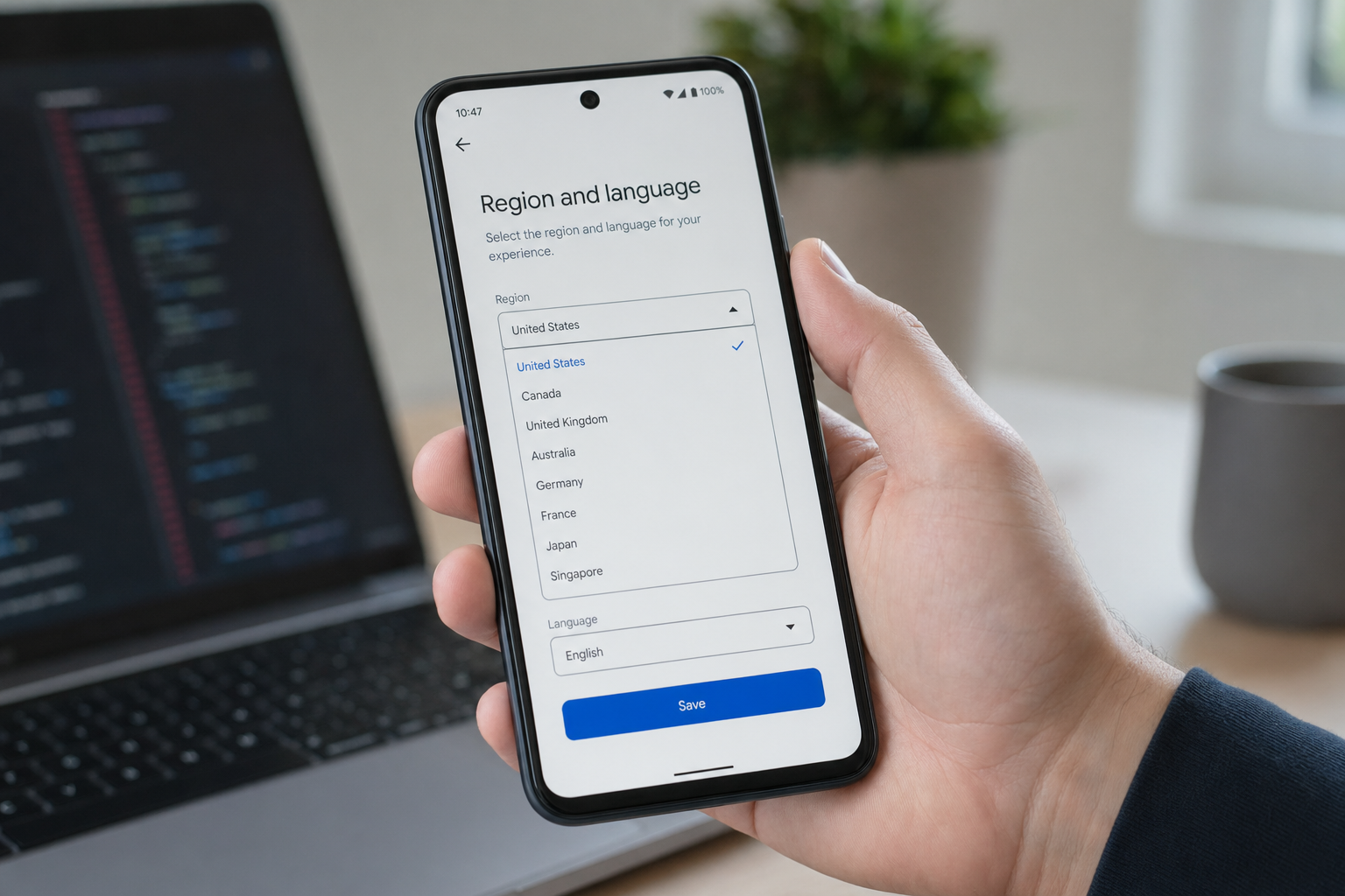 DeepSeek availability — phone region Smartphone showing a region settings panel relevant to DeepSeek country-by-country availability