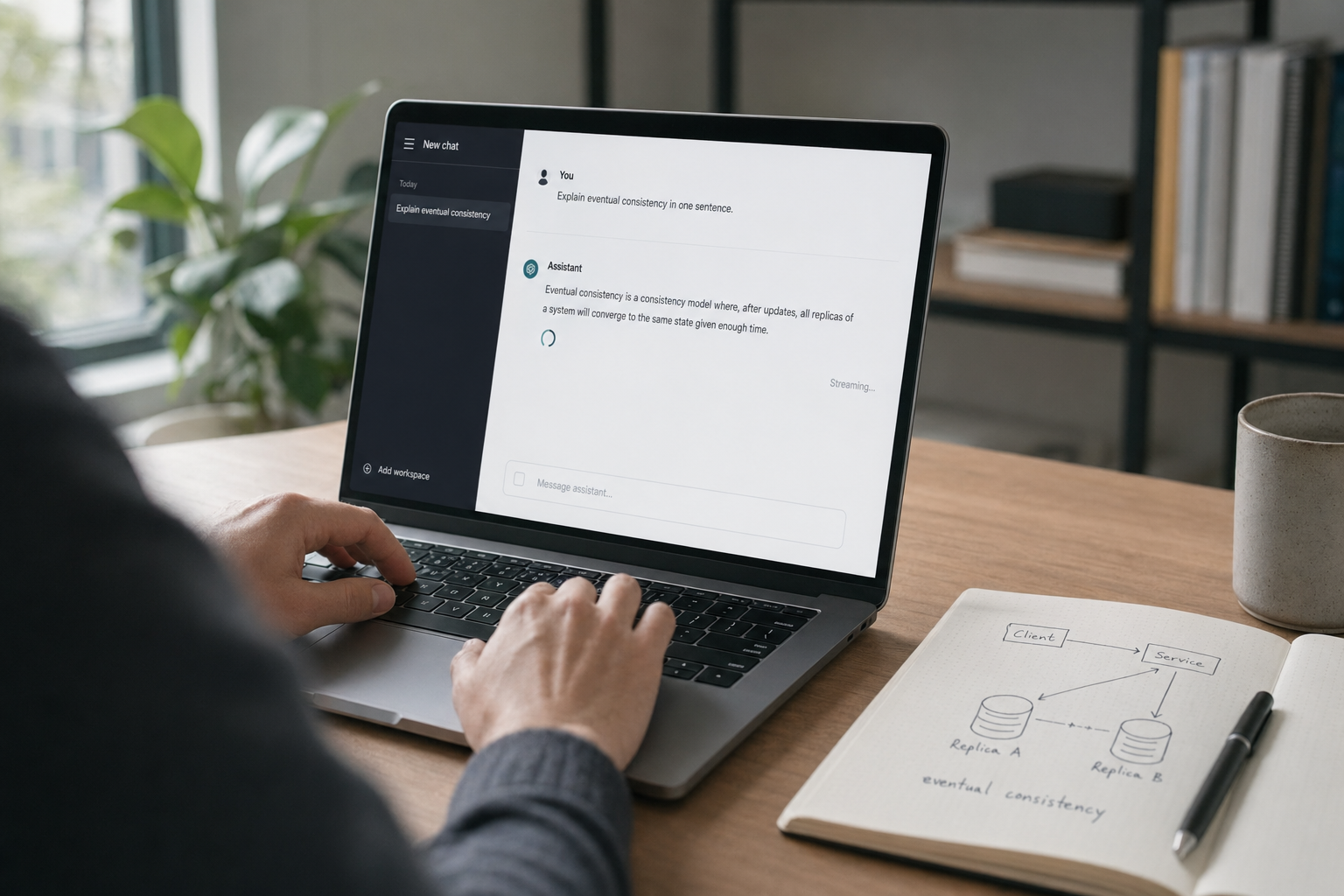 Beginner at a MacBook sending their first DeepSeek chat message in a calm home office setting