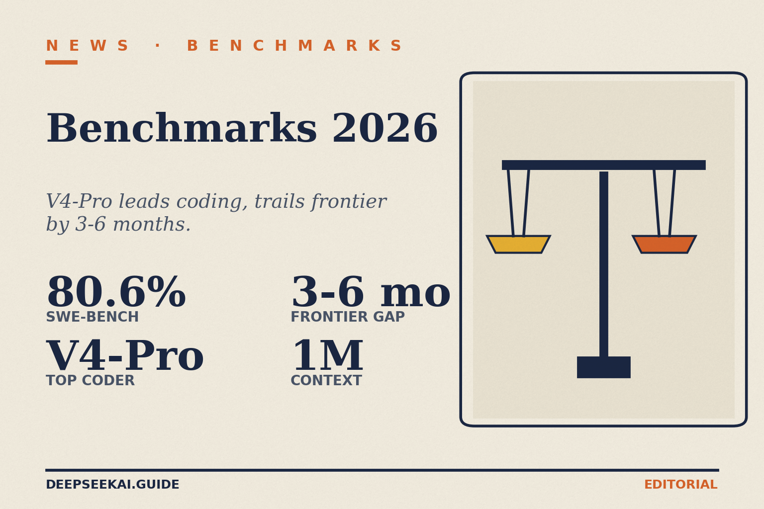 DeepSeek benchmarks 2026 news card showing the four headline outcomes from V4's April 24 release: V4-Pro hits 80.6 percent on SWE-Bench Verified, V4-Pro leads coding among open-weight models, the model trails GPT-5.4 and Gemini 3.1 Pro by an estimated 3 to 6 months on the absolute frontier, and the entire family ships at a 1-million-token context window.