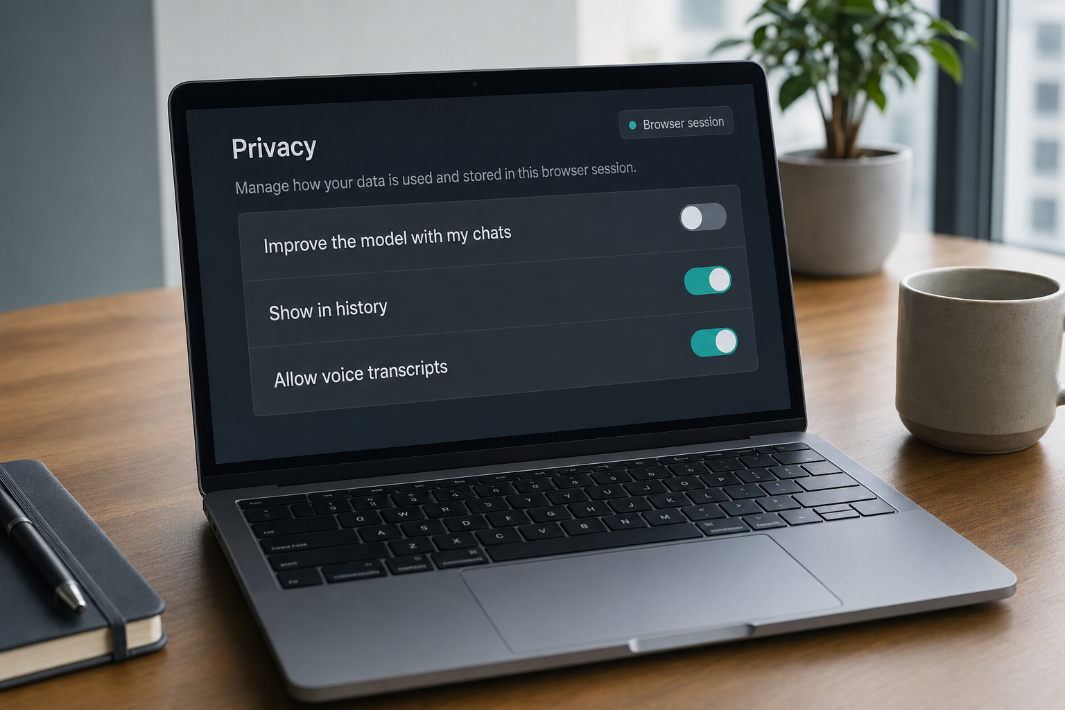 Laptop showing DeepSeek browser privacy toggles to disable model training before committing to a surface
