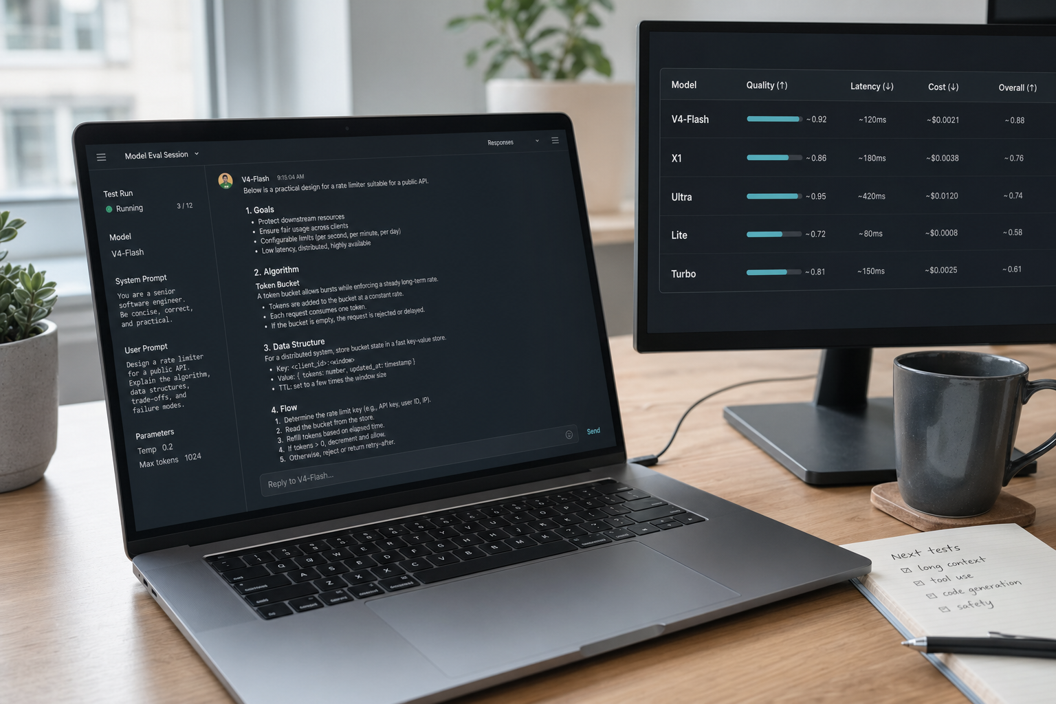 DeepSeek capabilities — testing desk Two-screen developer desk testing DeepSeek V4 capabilities with chat output and a small results table