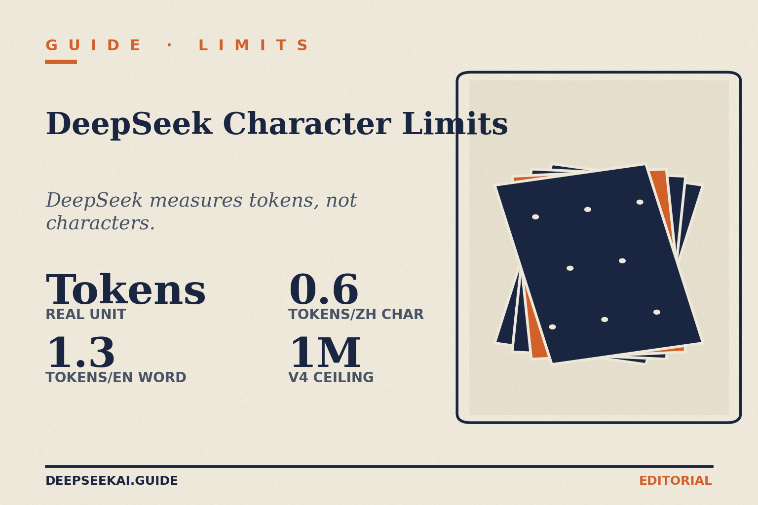 DeepSeek character limits card showing the four facts that explain the real ceiling in April 2026: DeepSeek does not measure characters and instead bills and limits in tokens, English words map to roughly 1.3 tokens each, Chinese characters map to roughly 0.6 tokens each, and the V4 ceiling is 1,000,000 tokens of context.