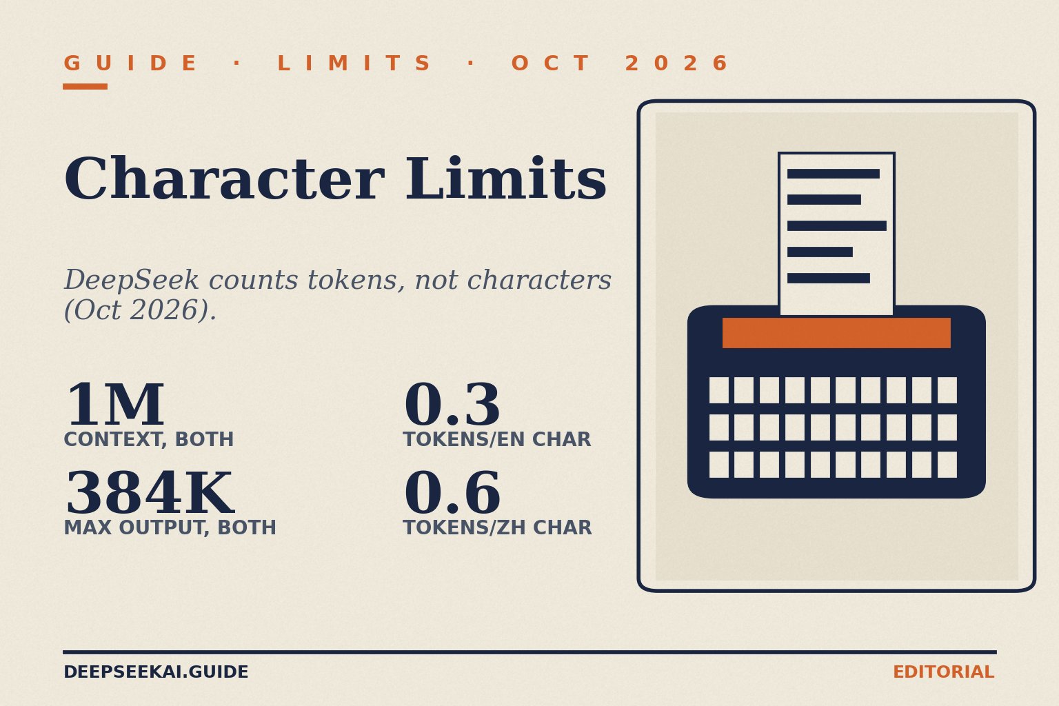 Title card reading GUIDE · LIMITS · OCT 2026 and Character Limits, with the tagline “DeepSeek counts tokens, not characters (Oct 2026).” and four stats: 1M context for both API models, 384K maximum output for both, 0.3 tokens per English character and 0.6 tokens per Chinese character, beside a typewriter drawing.