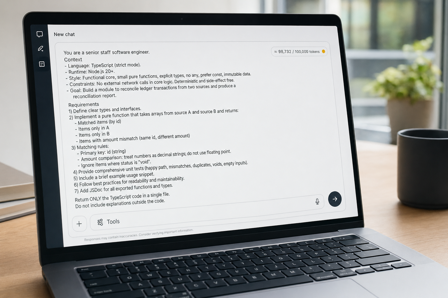 Laptop showing a DeepSeek chat composer with a token-counter chip near the character and context limit