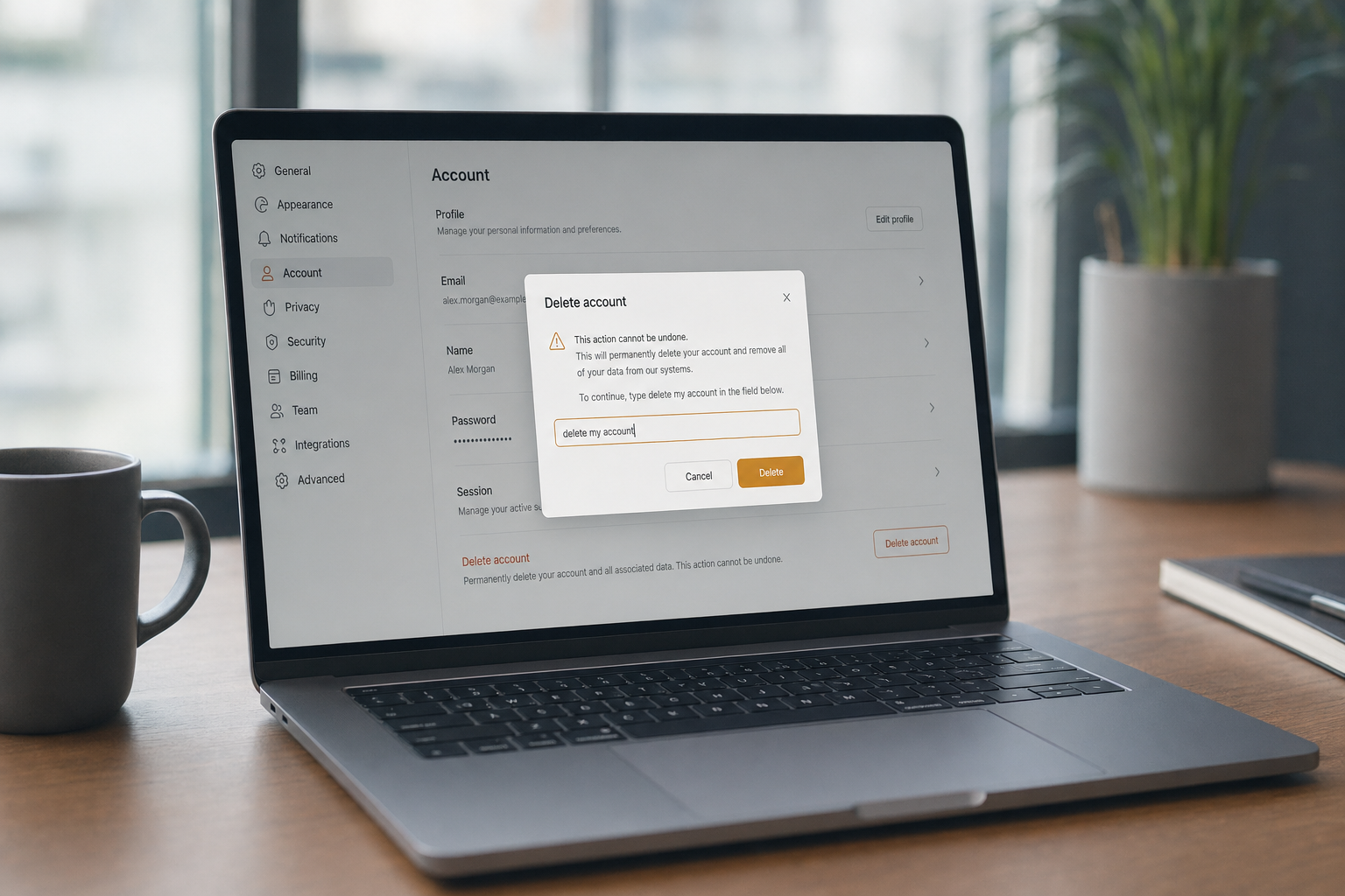 DeepSeek delete account — confirmation Laptop showing a DeepSeek delete-account confirmation dialog with a typed-confirmation field and delete button