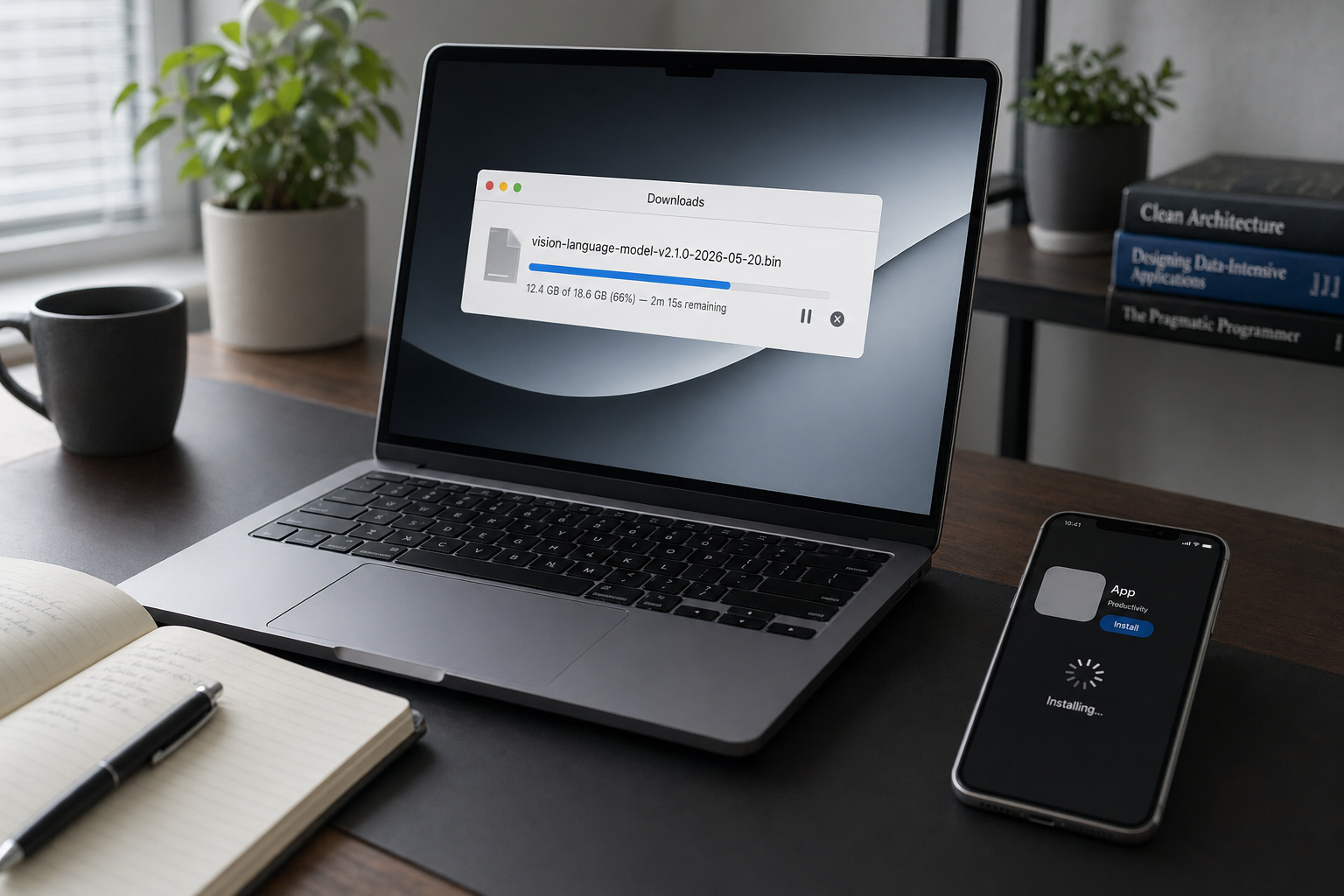 DeepSeek download — in progress Laptop and phone showing a DeepSeek download in progress, both an app install and a weights archive