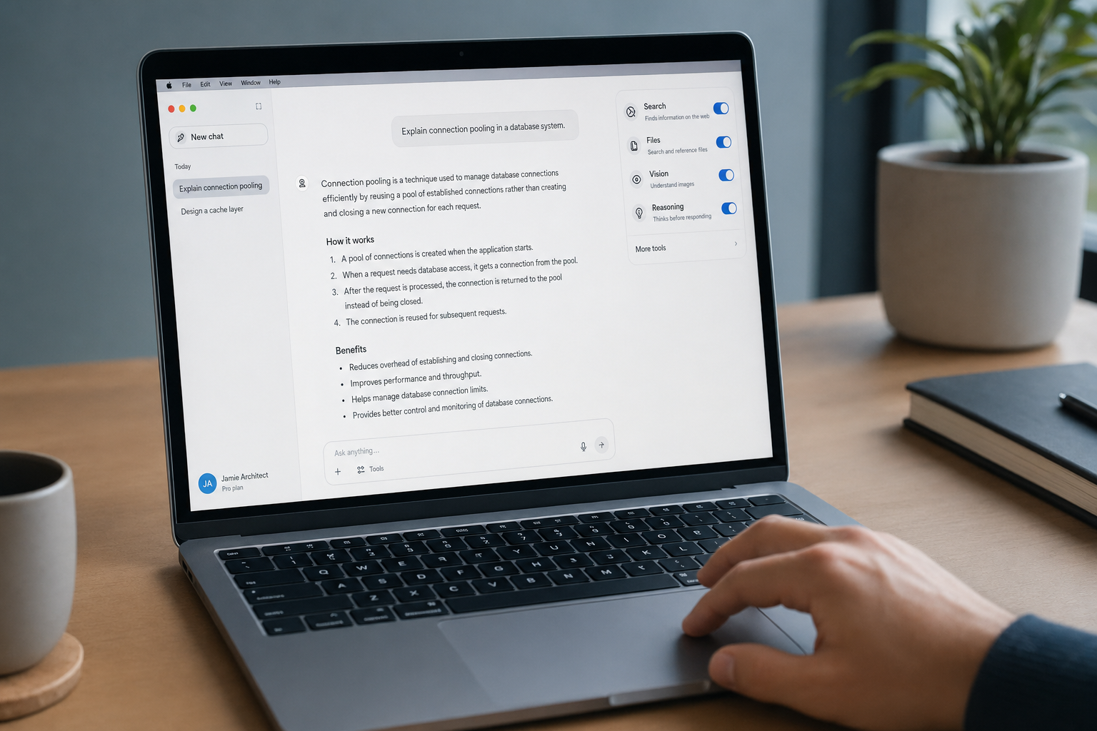 MacBook screen showing DeepSeek feature toggles for search, files, vision and reasoning during a walkthrough