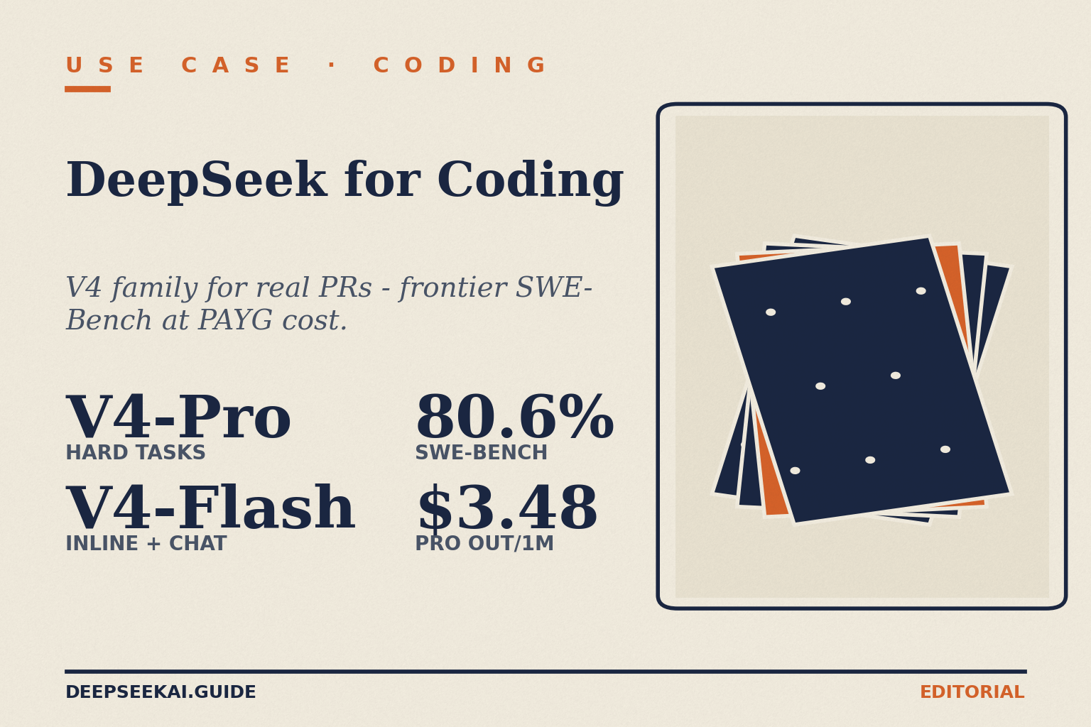 DeepSeek for coding card showing the four facts that drive the use-case verdict in April 2026: V4-Pro for hard or agentic coding, V4-Flash for inline and chat coding, 80.6 percent on SWE-Bench Verified for V4-Pro, and $0.87 per million output tokens on V4-Pro during the 75% promo through 2026-05-31 ($3.48 list) versus much higher closed-source rates.