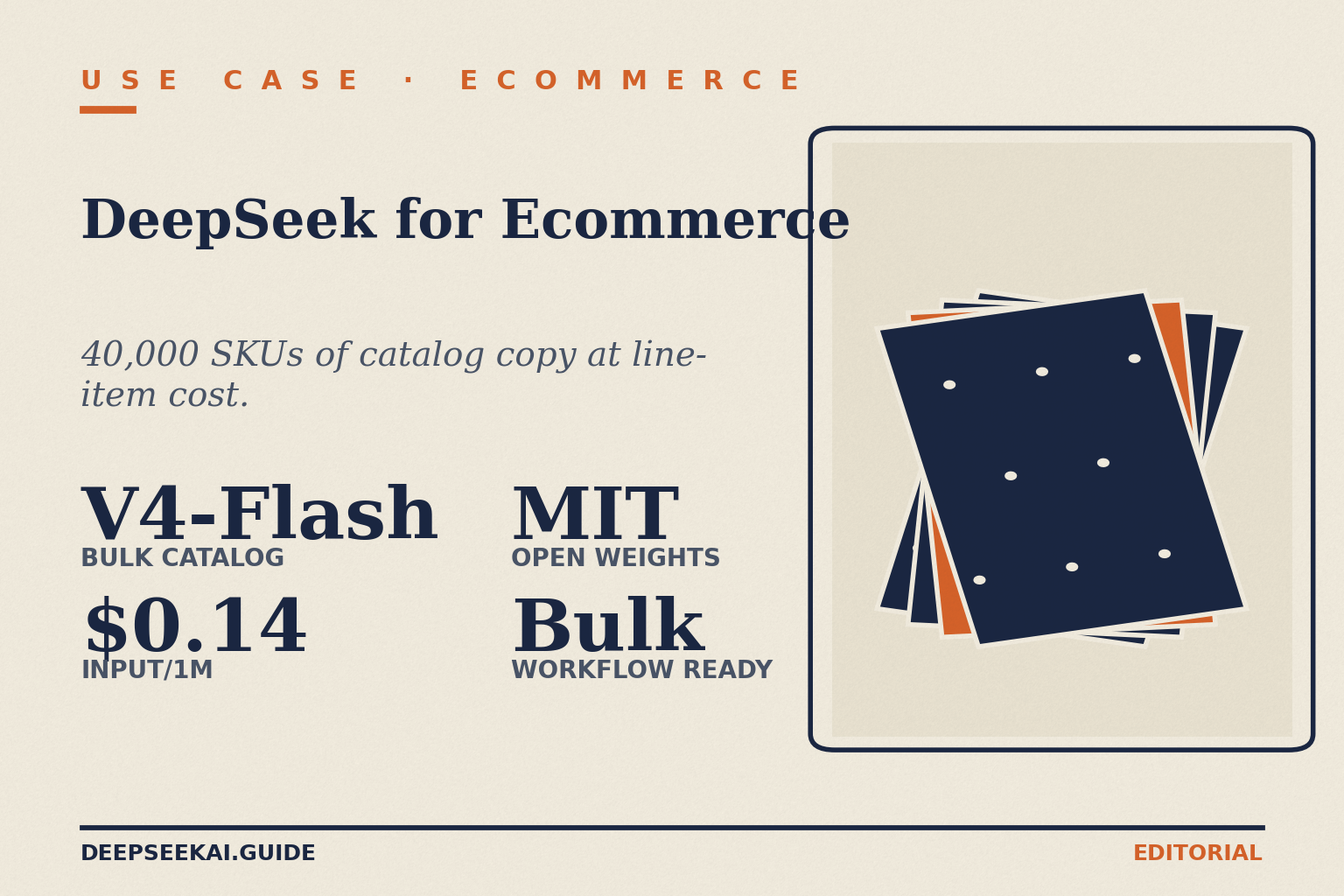 DeepSeek for ecommerce — V4-Flash catalog card DeepSeek for ecommerce card showing the four facts that drive the operator's verdict in April 2026: V4-Flash as the default tier for bulk catalog work (descriptions, attribute extraction, SEO copy), $0.14 input per million tokens making 40,000-SKU catalog jobs a line item rather than a project, MIT-licensed weights for self-host where needed, and bulk-friendly prompt patterns covered in the article.