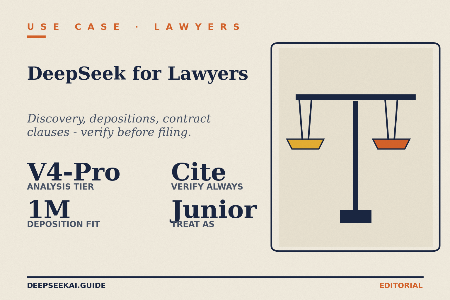 DeepSeek for lawyers card showing the four facts that drive the partner's verdict in April 2026: V4-Pro as the analysis tier for legal-adjacent work, the 1-million-token context fitting a 400-page deposition or full discovery dump in one prompt, every cited case verified before any court filing because hallucinated case names have already led to sanctions, and the model treated as a junior associate on every output.
