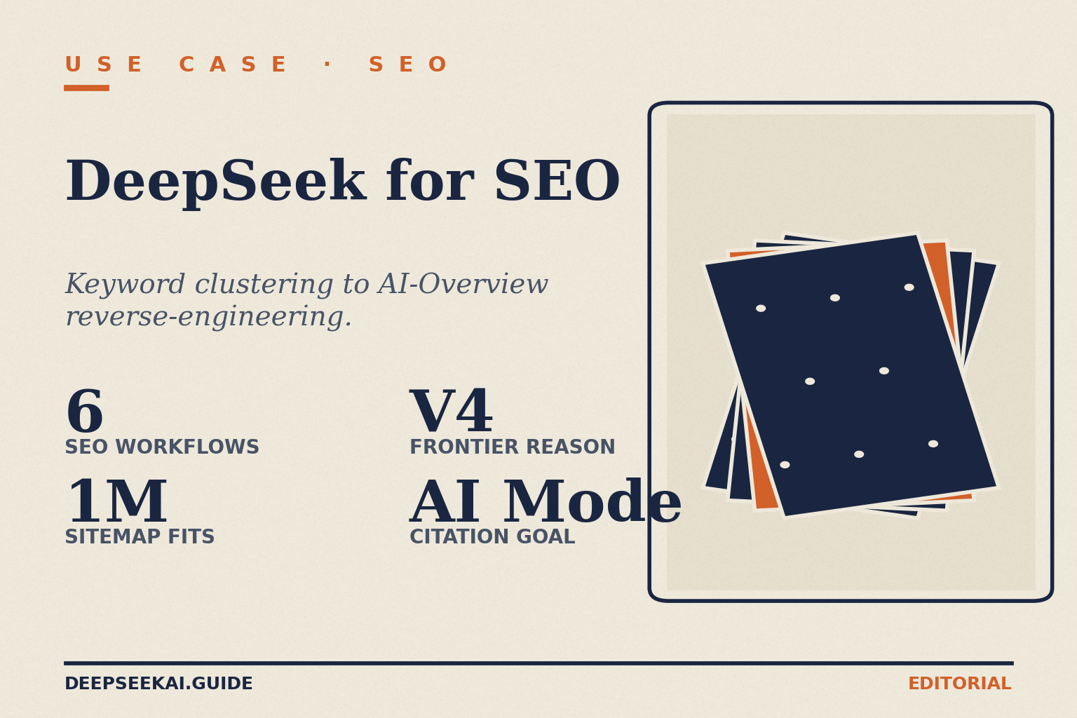 DeepSeek for SEO — workflow card DeepSeek for SEO card showing the four facts that drive the workflow guide in April 2026: six weekly SEO workflows (keyword clustering, brief generation, entity audits, schema drafting, AI Overview reverse-engineering, bulk on-page rewrites), the 1-million-token context fitting an entire sitemap, V4 as the frontier-tier reasoning model, and the goal of being cited inside AI Mode and AI Overview answers.