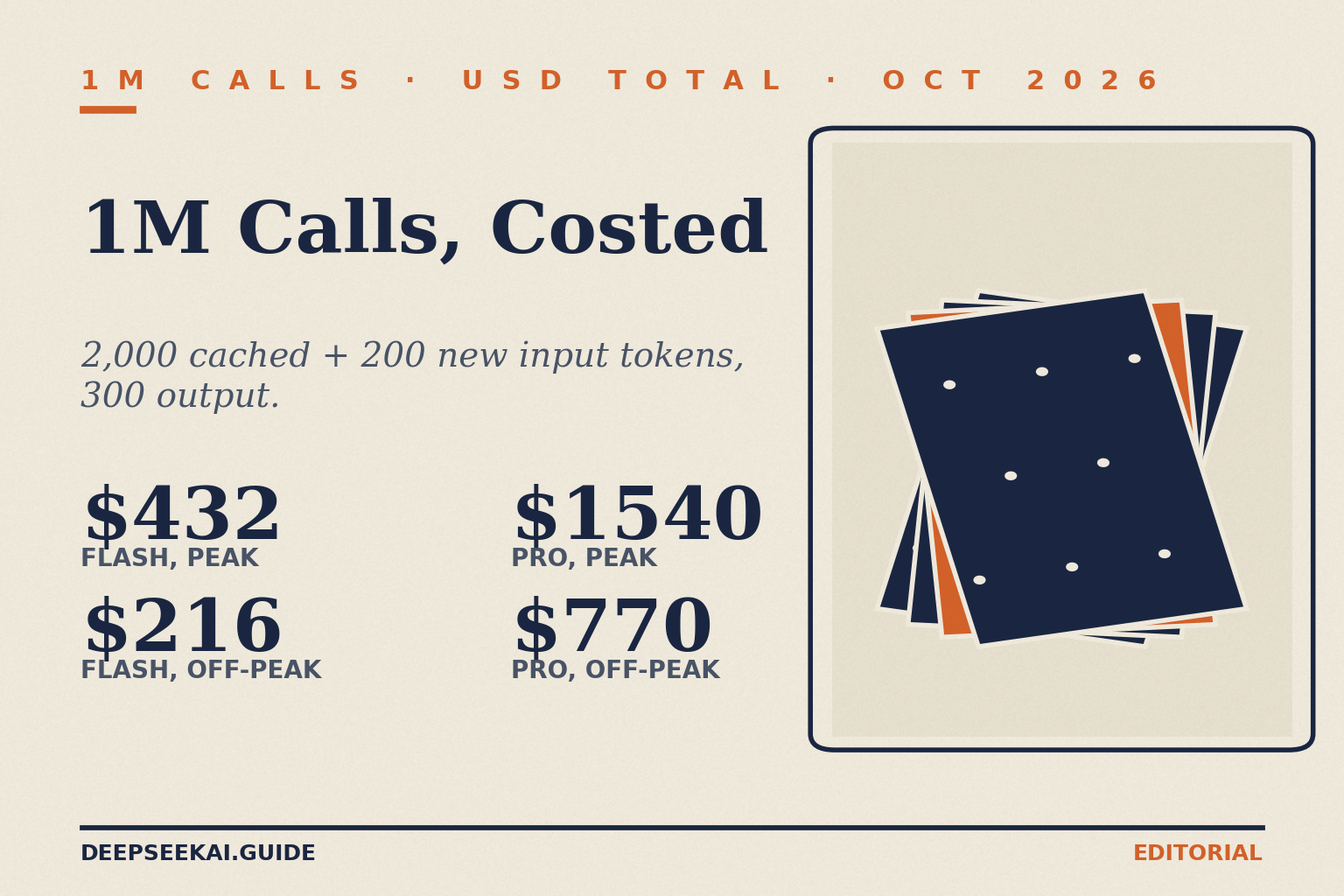 DeepSeek API cost of 1 million calls, peak and off-peak — title card Title card reading 1M CALLS · USD TOTAL · OCT 2026 and 1M Calls, Costed, with the tagline “2,000 cached + 200 new input tokens, 300 output.” and four totals for one million calls: $432 (deepseek-flash, peak), $216 (deepseek-flash, off-peak), $1540 (deepseek-v4-pro, peak) and $770 (deepseek-v4-pro, off-peak), beside a punch-card drawing.
