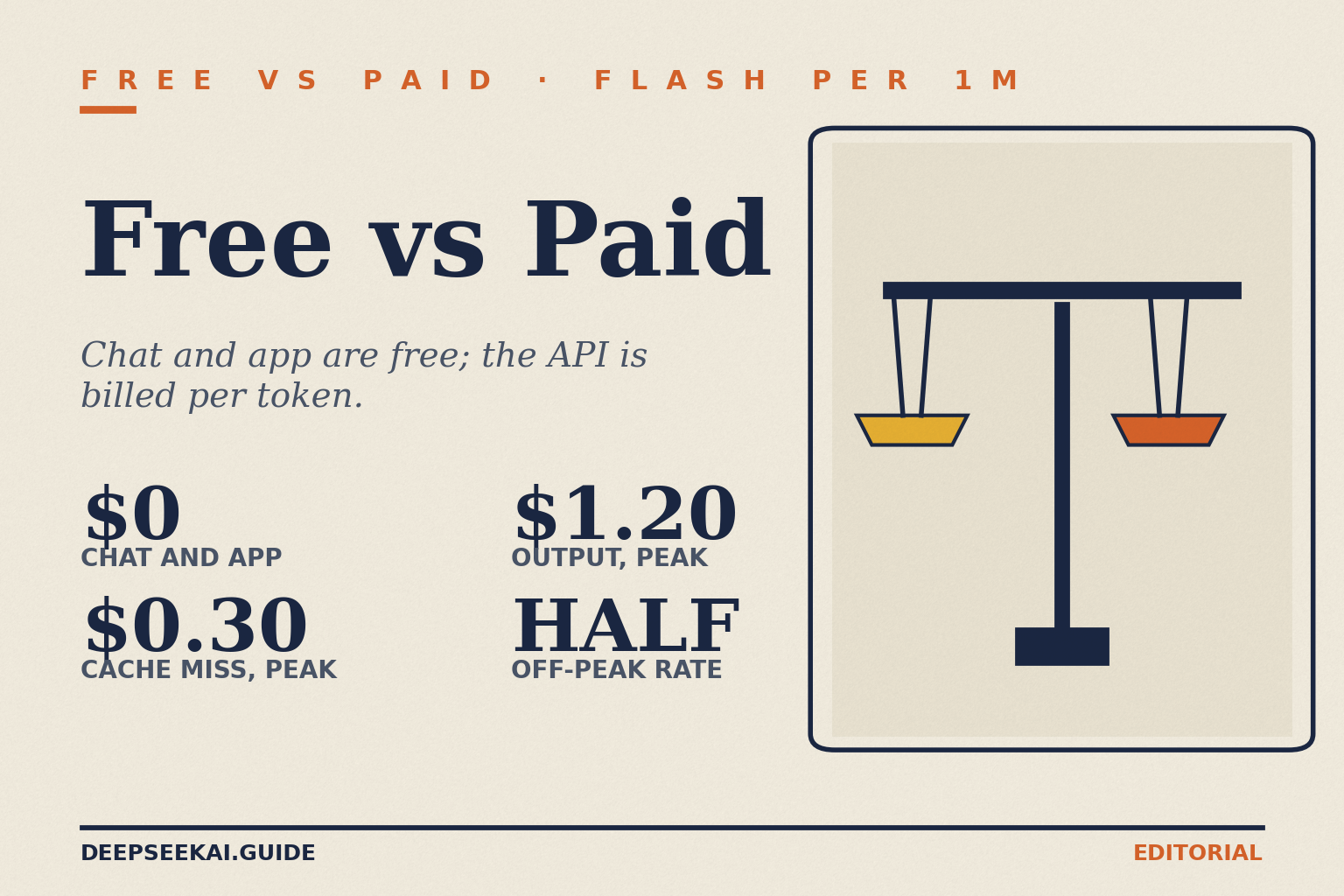 DeepSeek free vs paid — title card (October 2026) Title card reading FREE VS PAID · FLASH PER 1M and Free vs Paid, with the tagline “Chat and app are free; the API is billed per token.” and four items: $0 (chat and app), $0.30 (deepseek-flash cache-miss input per 1M tokens, peak), $1.20 (deepseek-flash output per 1M tokens, peak) and HALF (off-peak rate), beside a balance-scale drawing.
