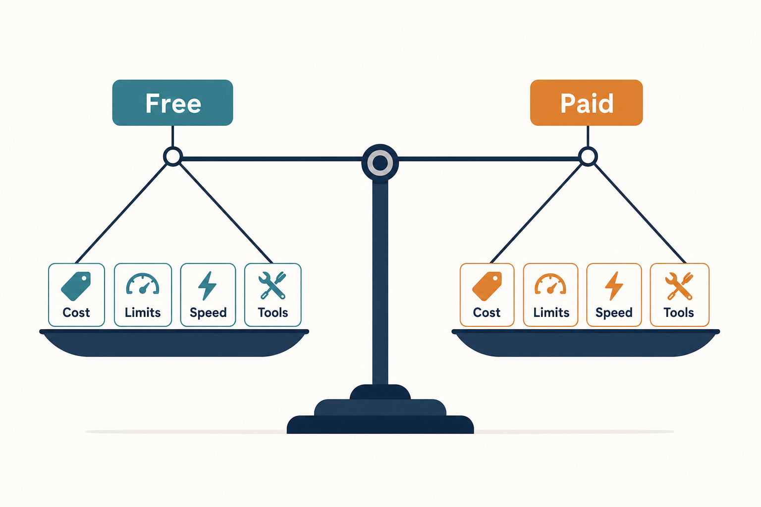 Balance diagram showing the honest trade-offs between DeepSeek Free and Paid in 2026