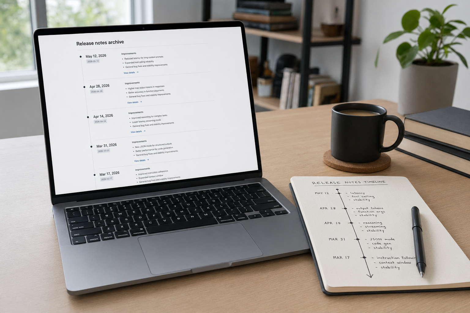 Laptop and notebook showing a release-notes archive used to trace the full DeepSeek history