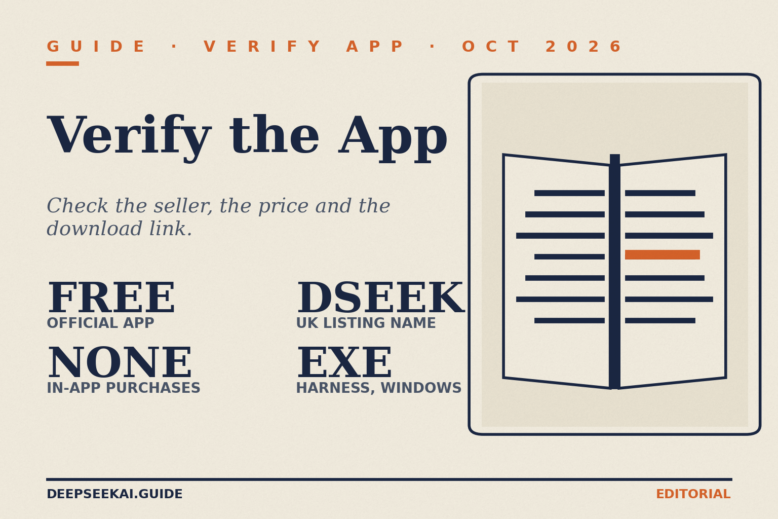 Verify the official DeepSeek app — title card (October 2026) Title card reading GUIDE · VERIFY APP · OCT 2026 and Verify the App, with the tagline “Check the seller, the price and the download link.” and four items: FREE (official app), NONE (in-app purchases), DSEEK (UK listing name) and EXE (Harness, Windows), beside an open-manual drawing.