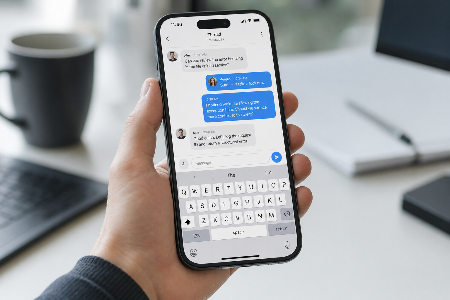 DeepSeek on iPhone — in hand Hand holding a current iPhone showing the DeepSeek app open on a chat thread in everyday use