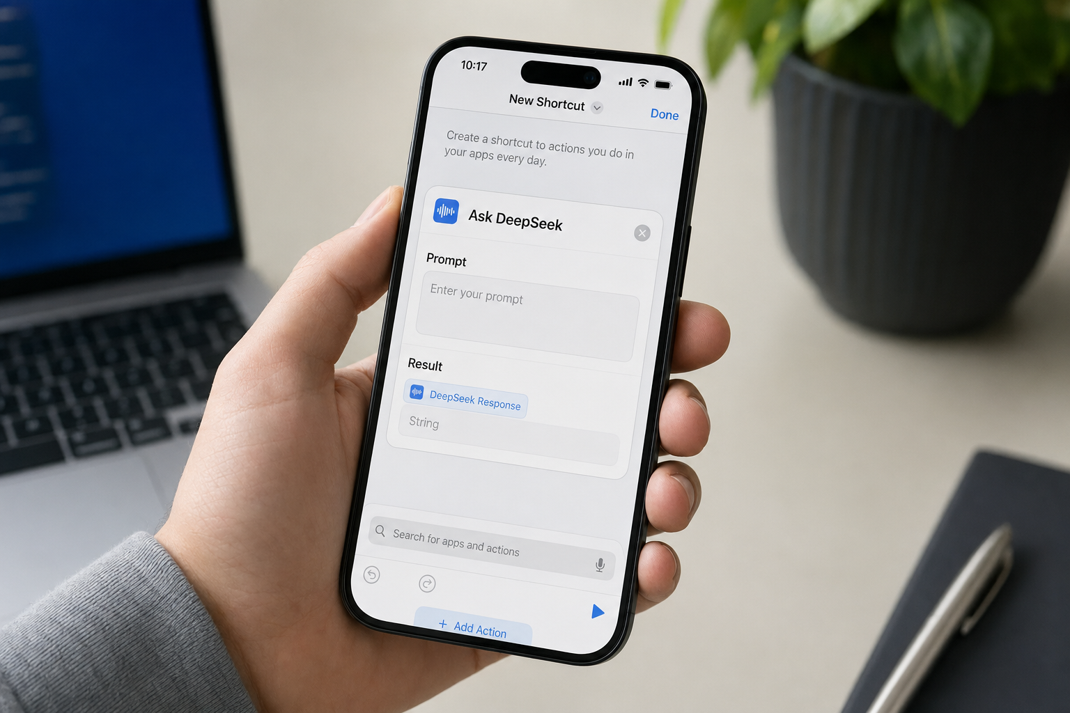 DeepSeek on iPhone — Shortcuts action iPhone showing an iOS Shortcuts action wired to send a prompt to DeepSeek and return a result