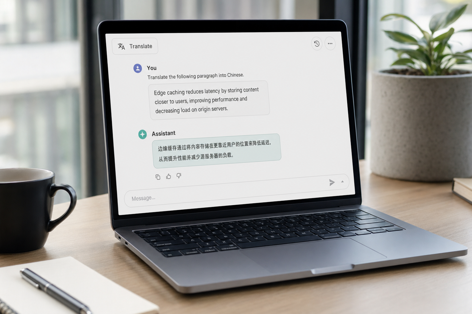 DeepSeek languages — translation prompt Laptop showing a DeepSeek translation prompt with a Latin-script source and a CJK-script target reply