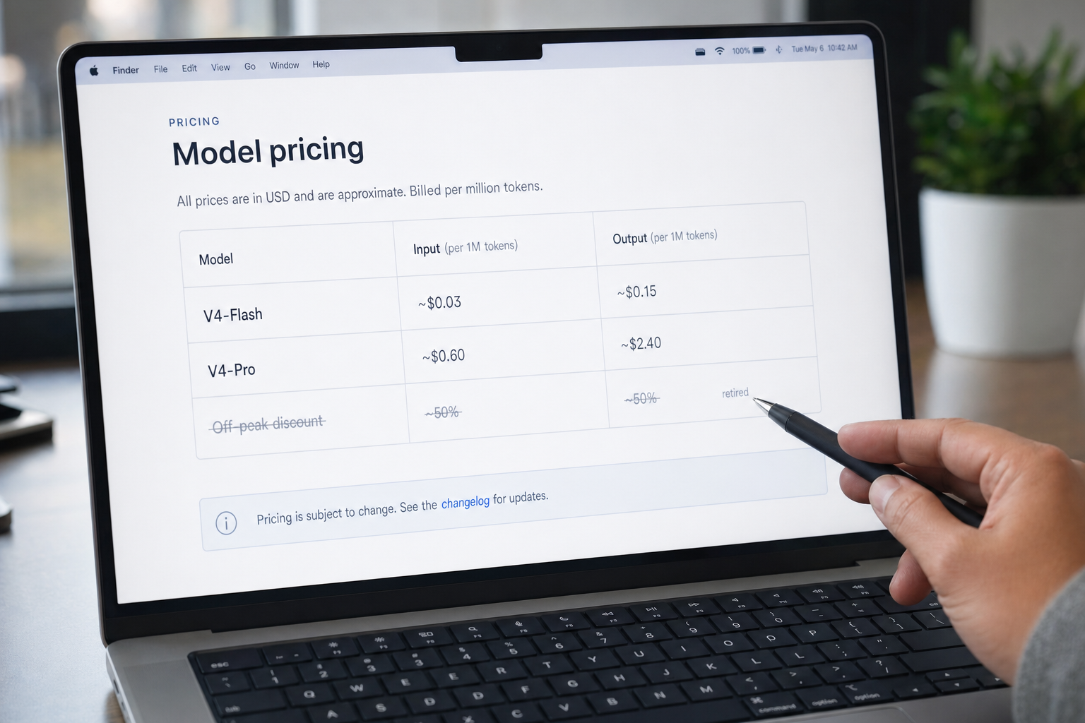 DeepSeek limitations — retired off-peak pricing Laptop showing DeepSeek pricing with the retired off-peak discount struck through as a real 2026 limitation
