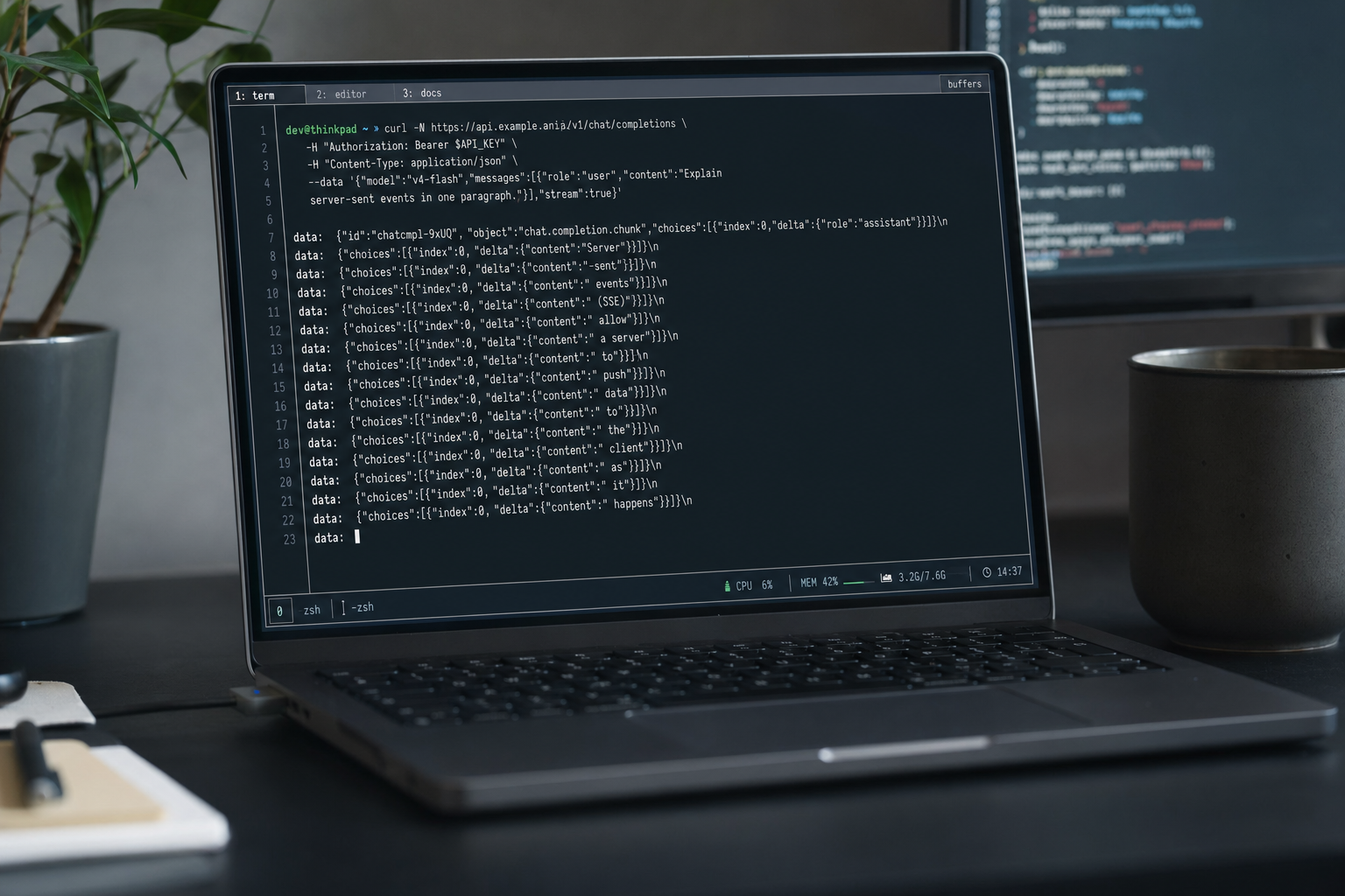 Linux terminal streaming a DeepSeek API response chunk by chunk over SSE from a curl command