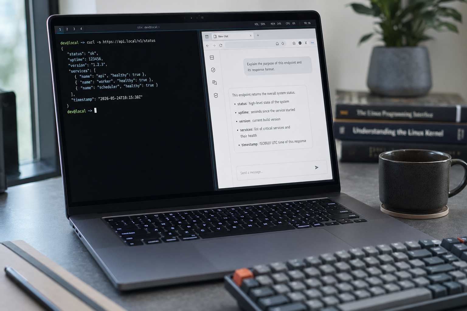 Linux developer desk running DeepSeek across a tiled terminal session and a browser chat interface