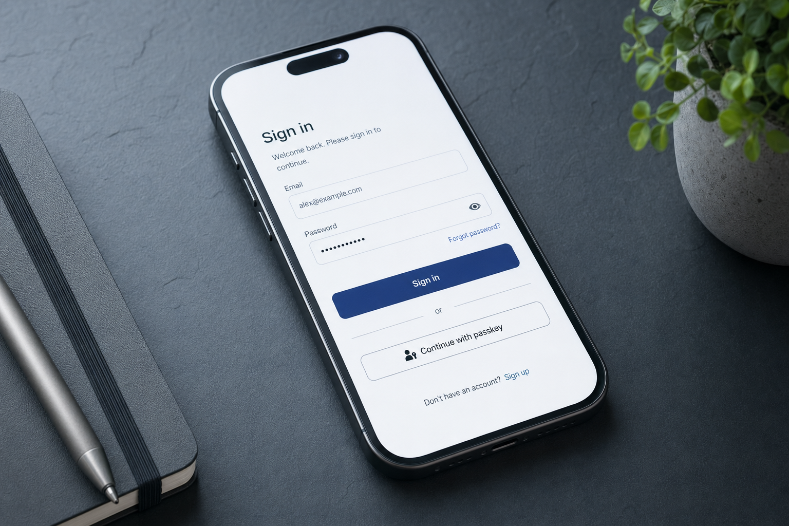 Smartphone showing a clean DeepSeek login screen with email, password and passkey options