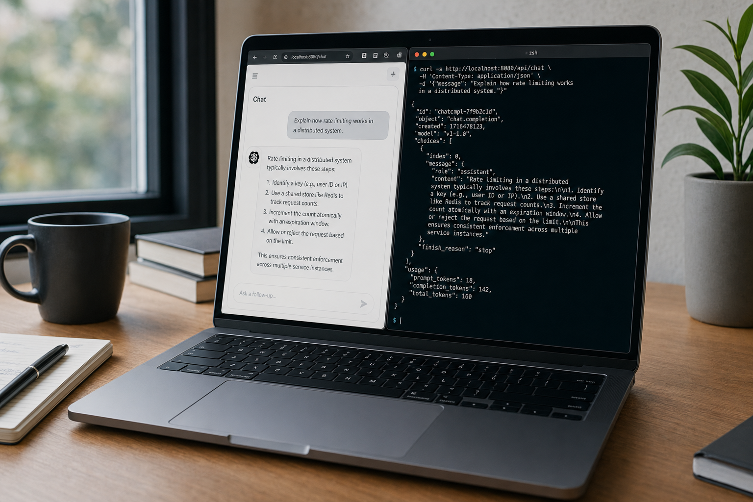 MacBook showing DeepSeek used on Mac across a web chat tab and a terminal API session side by side