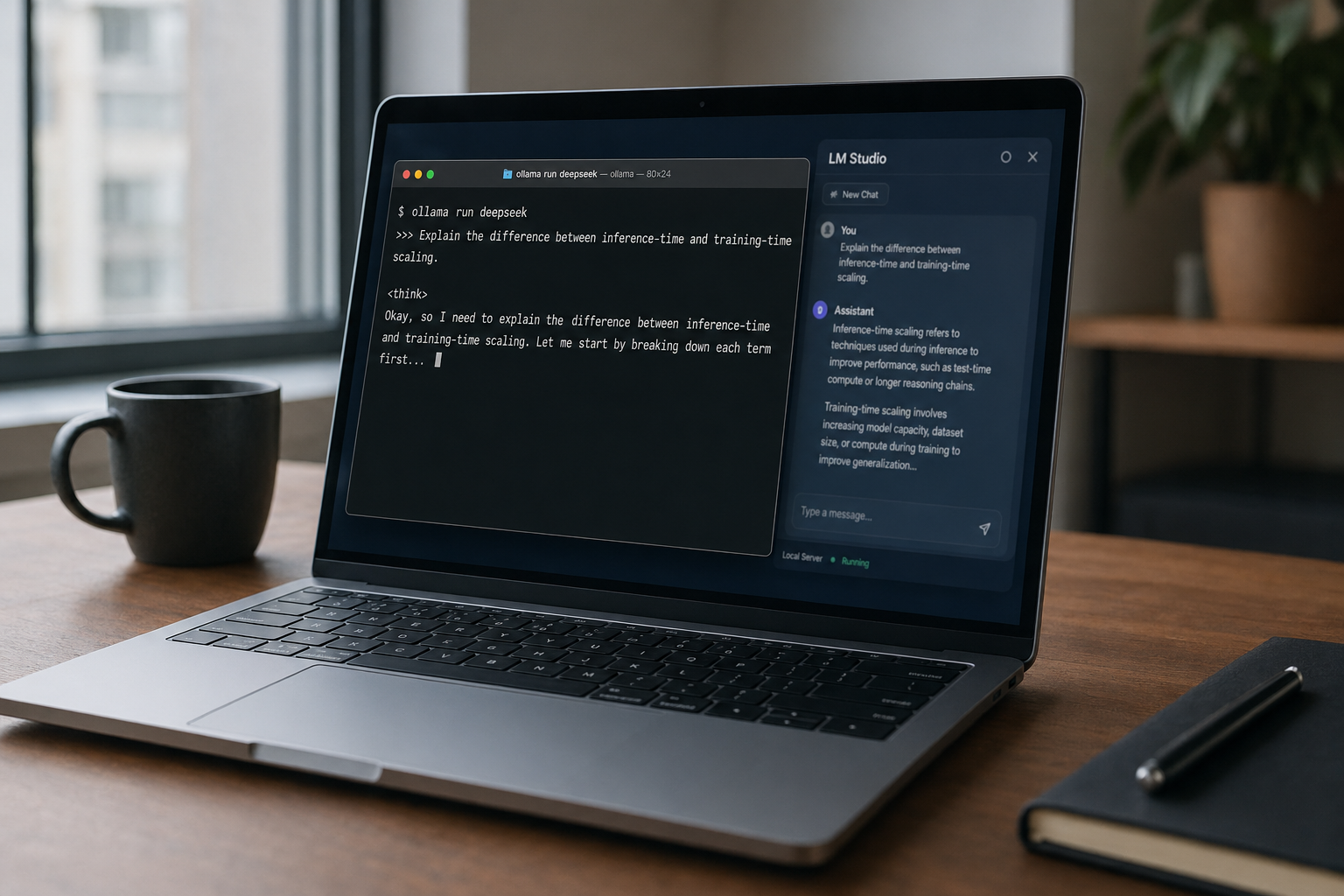 MacBook running DeepSeek locally through an Ollama terminal command alongside an LM Studio window