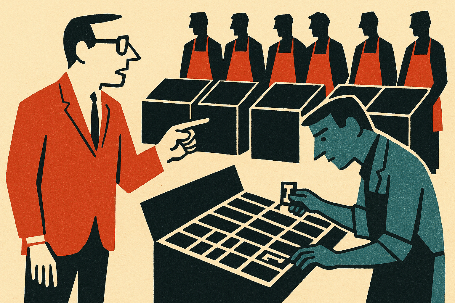 Mid-century editorial illustration of a workshop foreman directing a print shop: one craftsman actively sets type at a case while other workers stand idle, illustrating selective expert routing in a mixture-of-experts model.