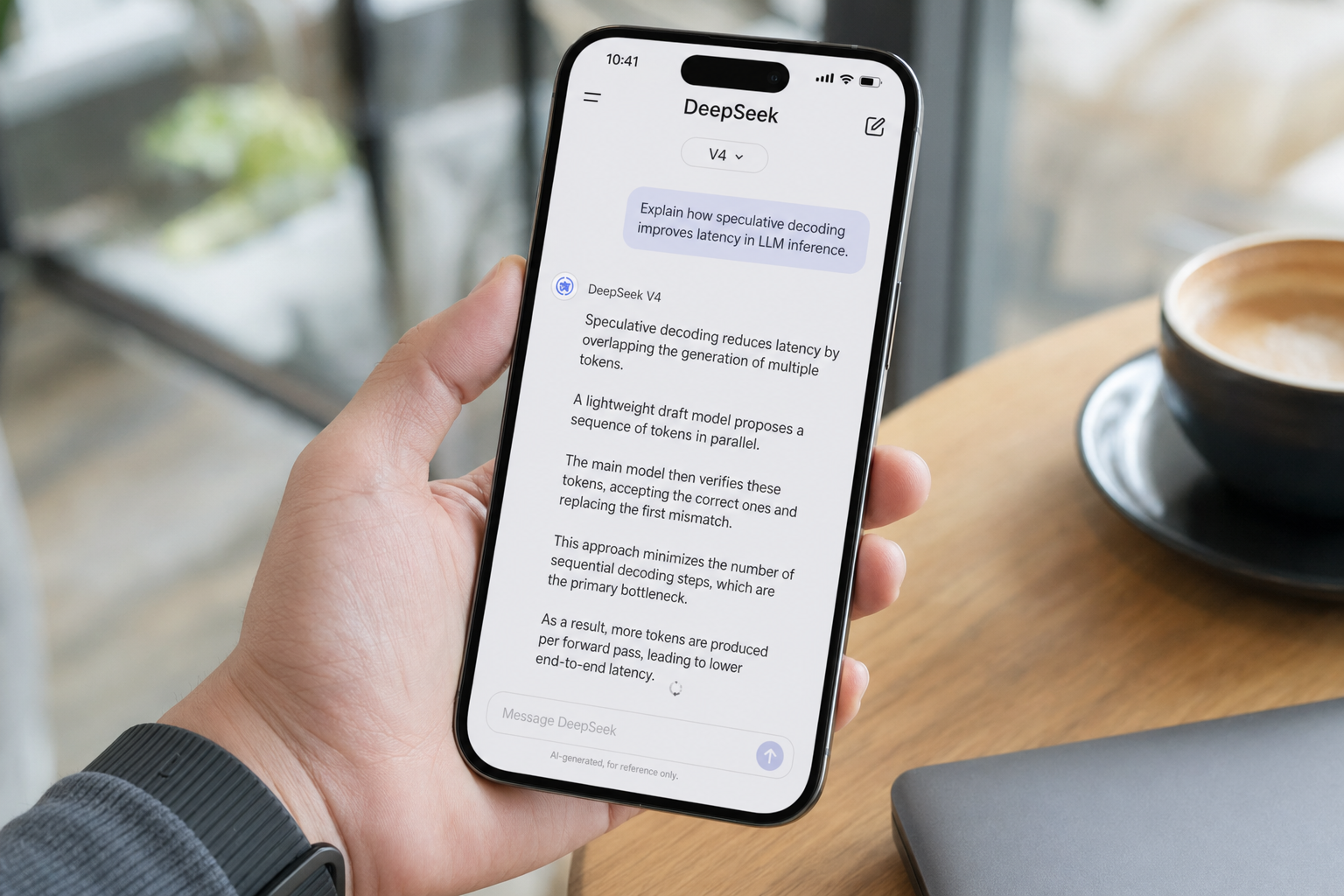 Hand holding a modern smartphone running the DeepSeek chat app with a streamed reply on screen.